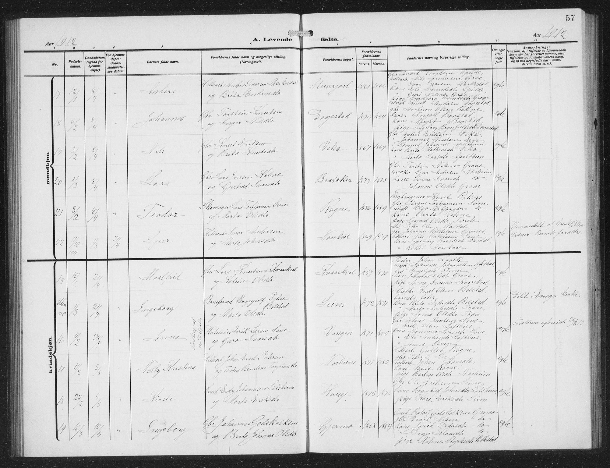 Voss sokneprestembete, AV/SAB-A-79001/H/Hab: Parish register (copy) no. C 3, 1909-1920, p. 57