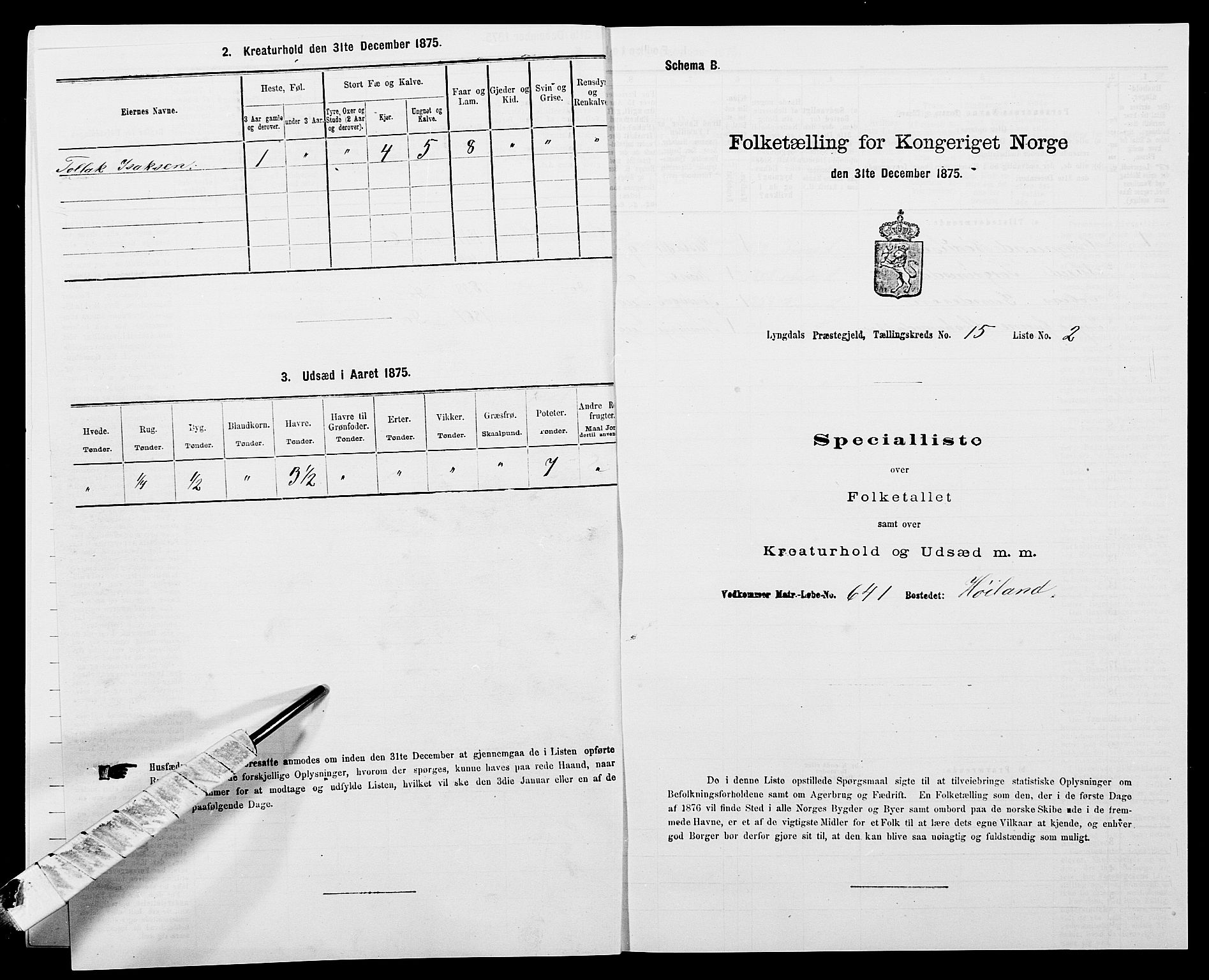 SAK, 1875 census for 1032P Lyngdal, 1875, p. 2107