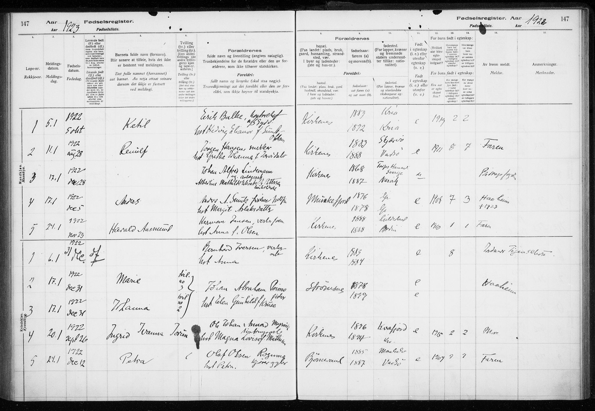 Sør-Varanger sokneprestkontor, SATØ/S-1331/I/Ia/L0016: Birth register no. 16, 1915-1925, p. 147