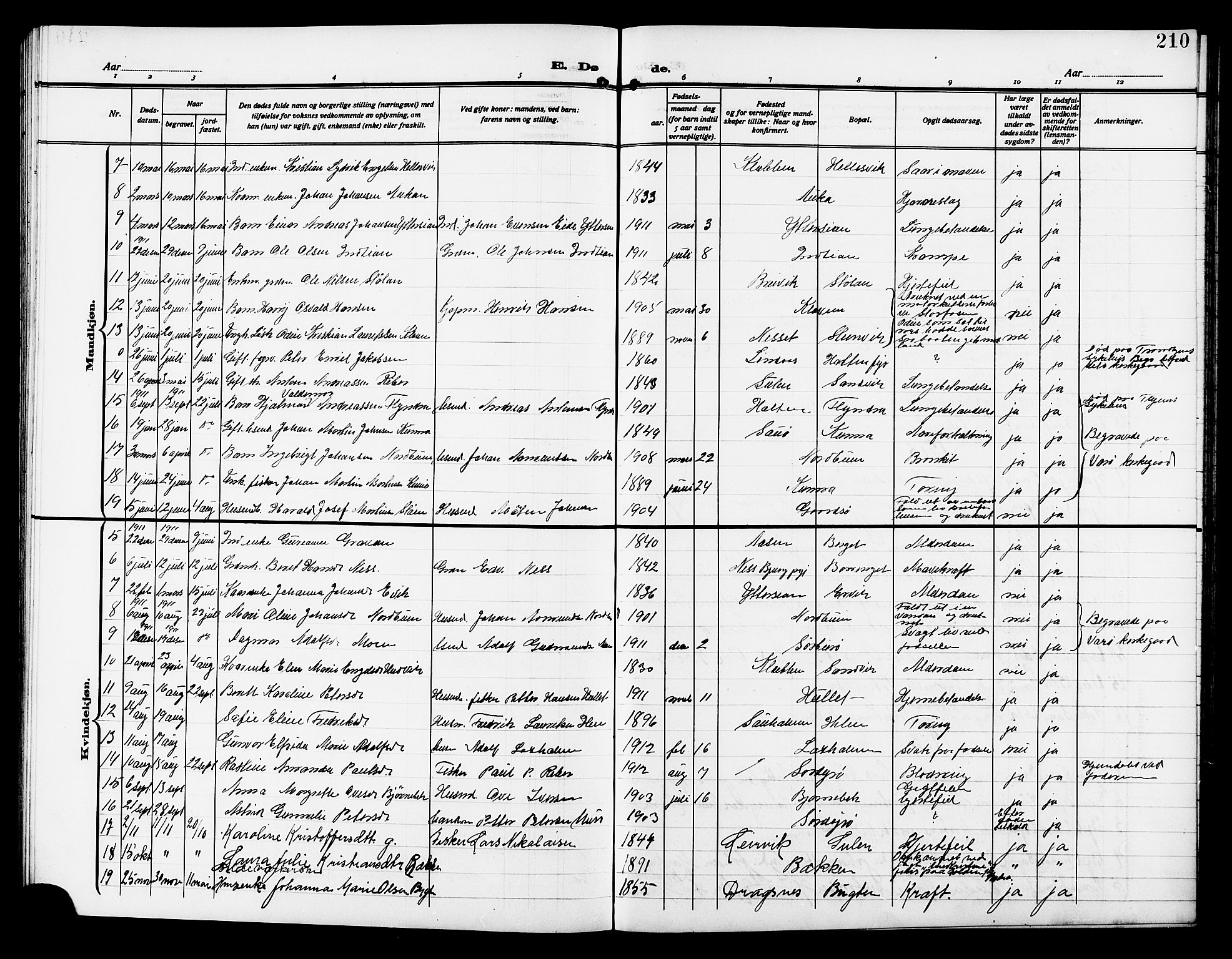 Ministerialprotokoller, klokkerbøker og fødselsregistre - Sør-Trøndelag, SAT/A-1456/640/L0588: Parish register (copy) no. 640C05, 1909-1922, p. 210