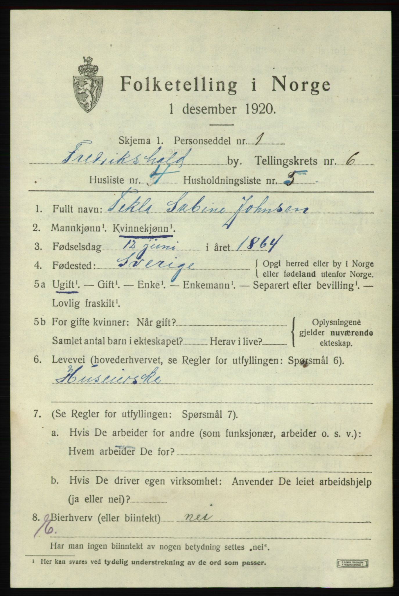 SAO, 1920 census for Fredrikshald, 1920, p. 12882