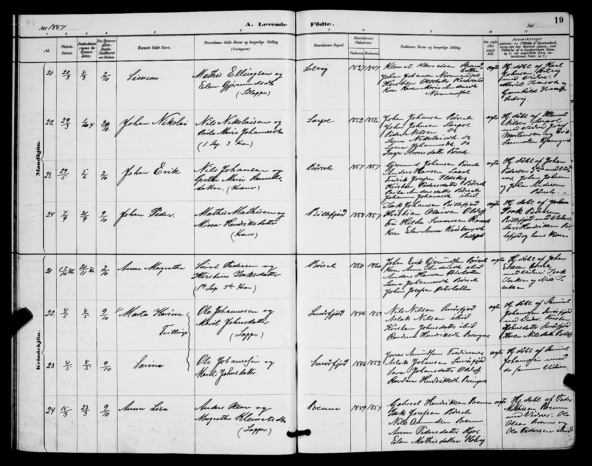 Kistrand/Porsanger sokneprestembete, AV/SATØ-S-1351/H/Hb/L0004.klokk: Parish register (copy) no. 4, 1885-1894, p. 19