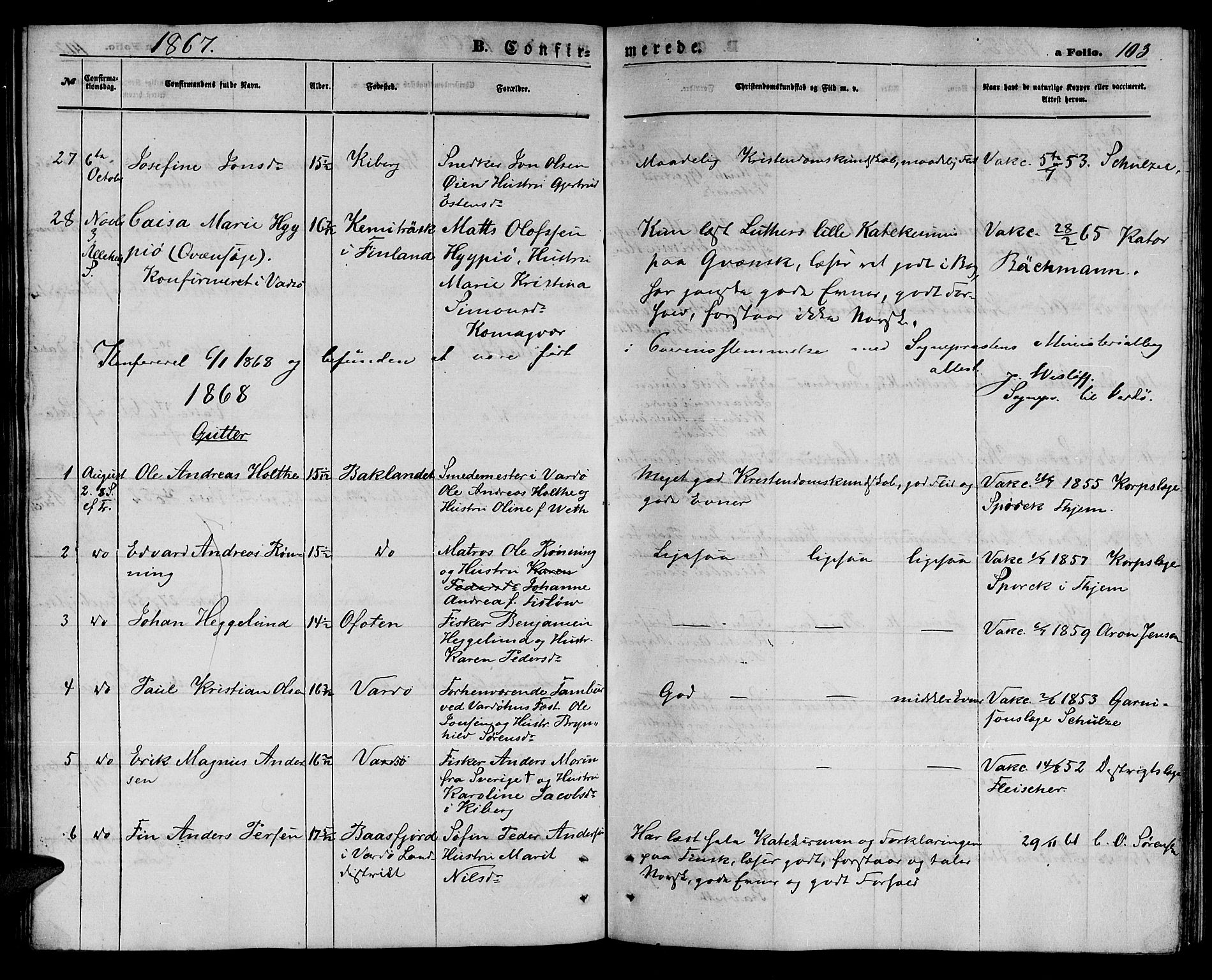 Vardø sokneprestkontor, SATØ/S-1332/H/Hb/L0002klokker: Parish register (copy) no. 2, 1861-1870, p. 103