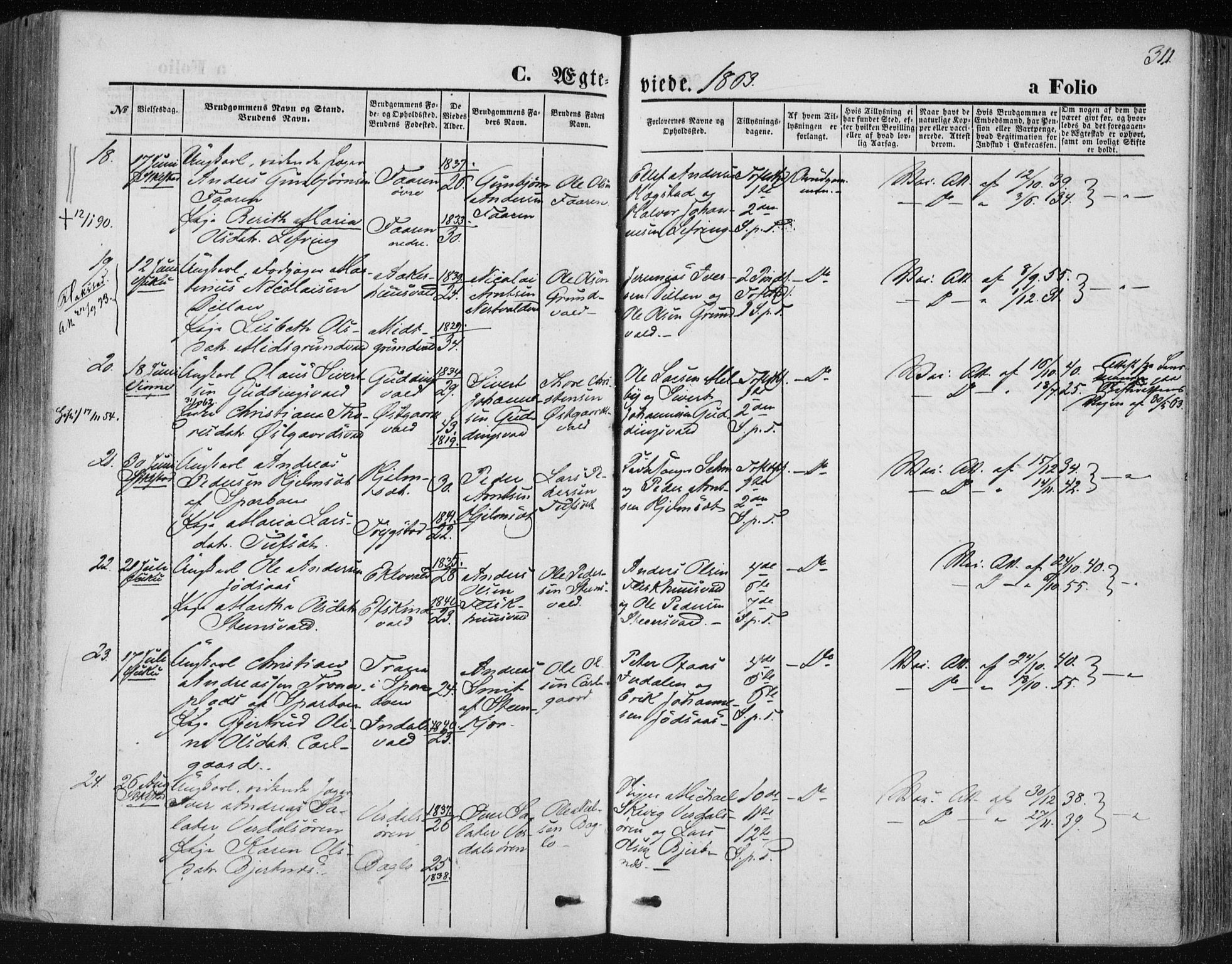 Ministerialprotokoller, klokkerbøker og fødselsregistre - Nord-Trøndelag, AV/SAT-A-1458/723/L0241: Parish register (official) no. 723A10, 1860-1869, p. 311