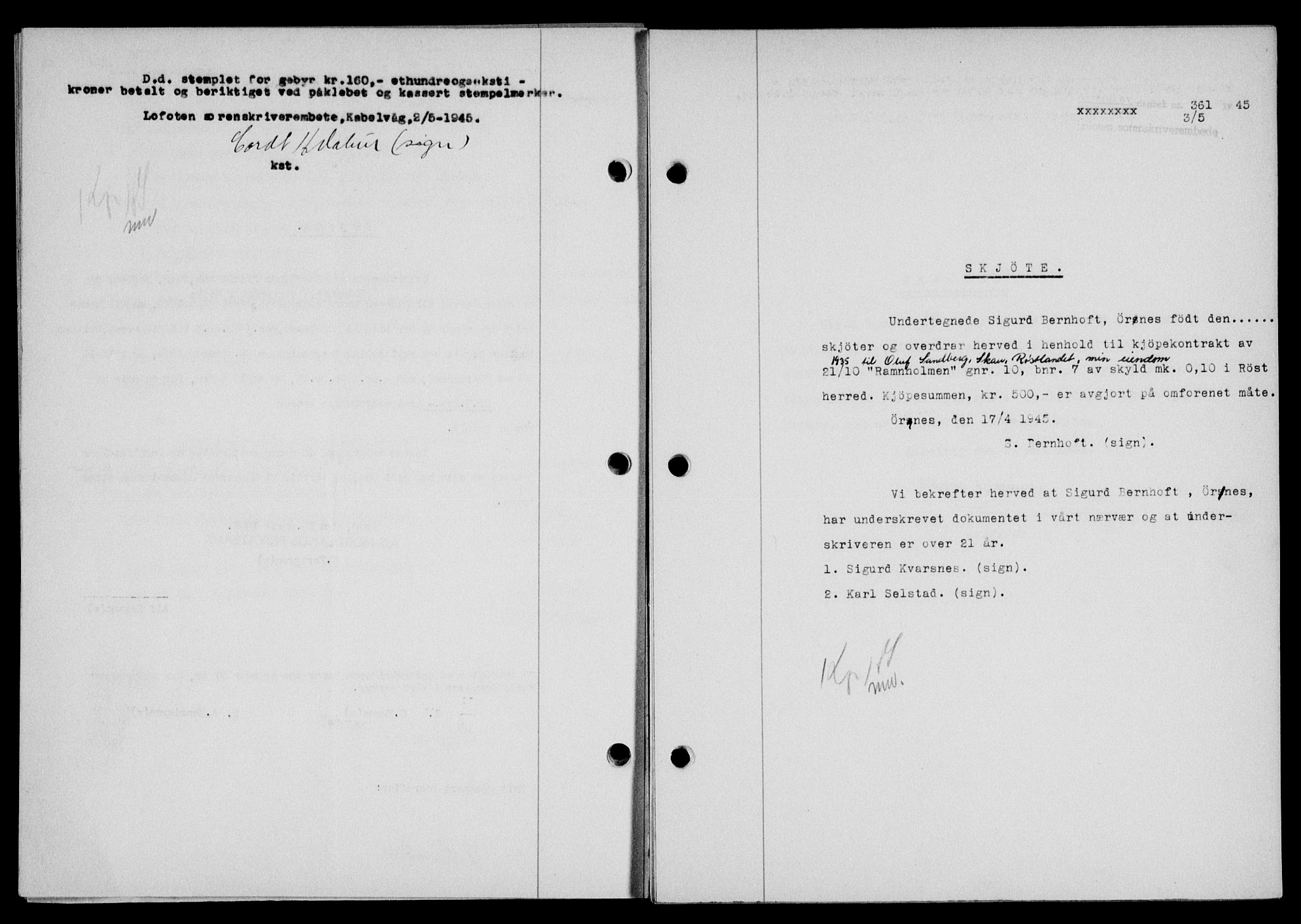 Lofoten sorenskriveri, SAT/A-0017/1/2/2C/L0013a: Mortgage book no. 13a, 1944-1946, Diary no: : 361/1945