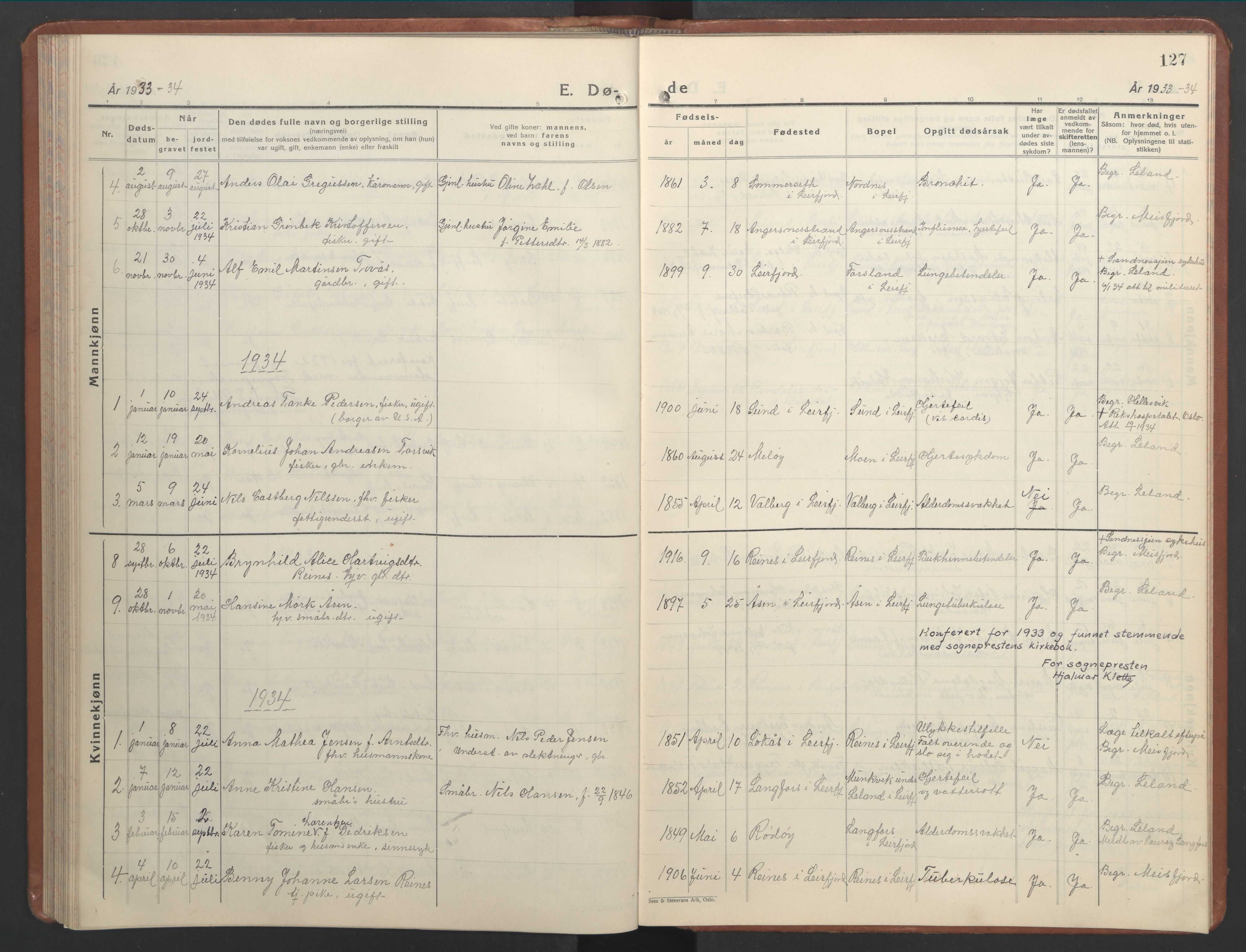 Ministerialprotokoller, klokkerbøker og fødselsregistre - Nordland, AV/SAT-A-1459/832/L0496: Parish register (copy) no. 832C03, 1932-1945, p. 127