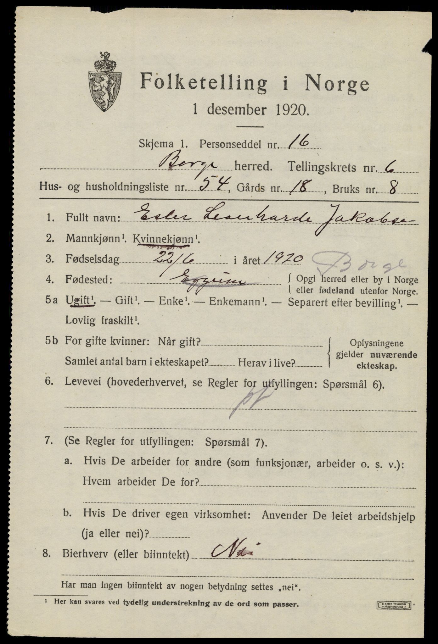 SAT, 1920 census for Borge, 1920, p. 6387