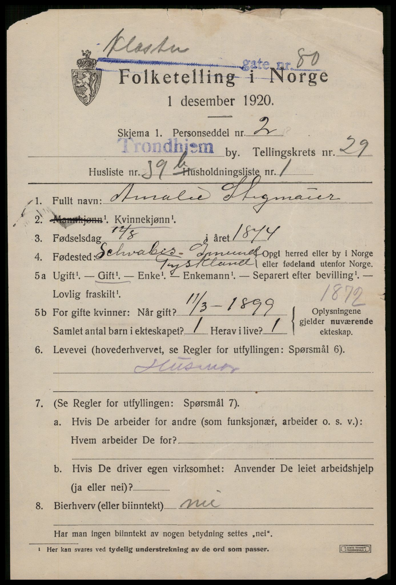 SAT, 1920 census for Trondheim, 1920, p. 73486