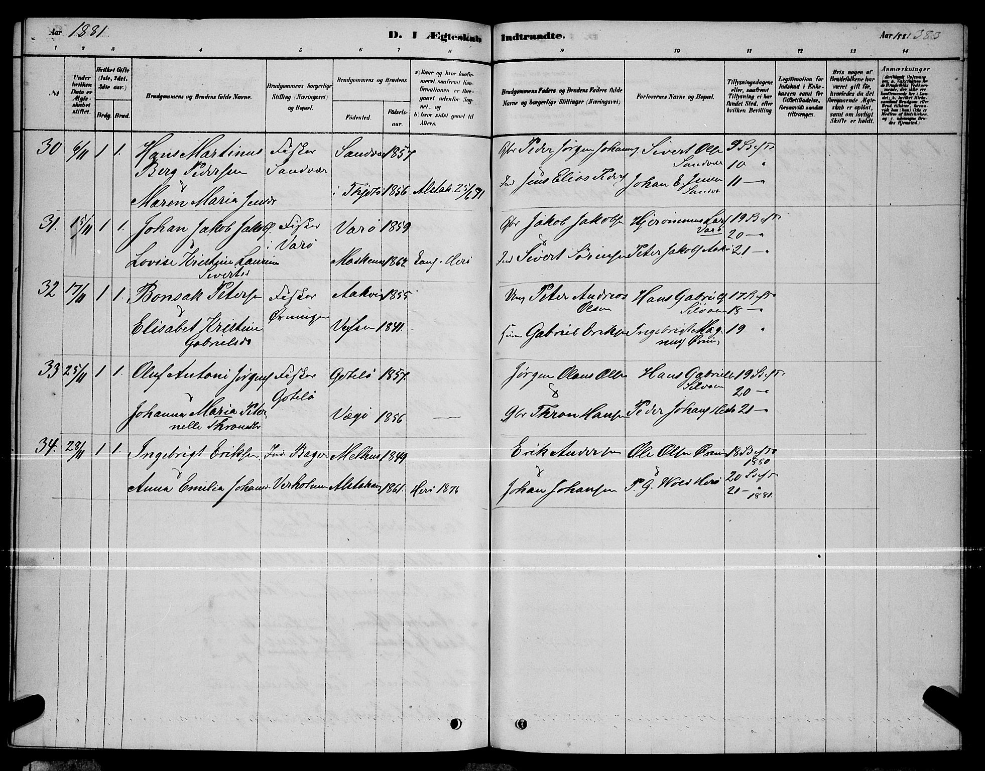 Ministerialprotokoller, klokkerbøker og fødselsregistre - Nordland, AV/SAT-A-1459/834/L0513: Parish register (copy) no. 834C04, 1877-1892, p. 383