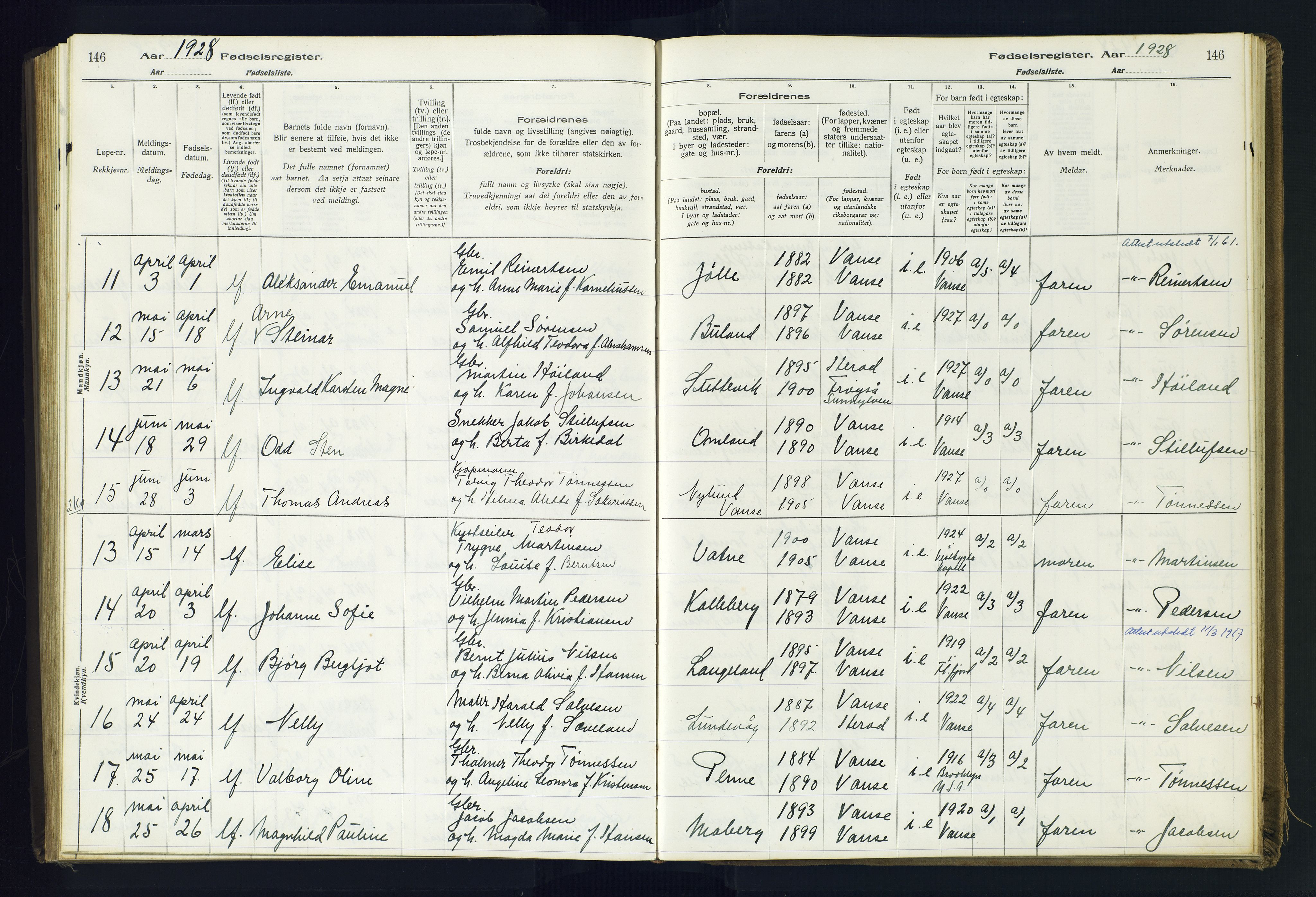 Lista sokneprestkontor, AV/SAK-1111-0027/J/Ja/L0001: Birth register no. A-VI-30, 1916-1934, p. 146