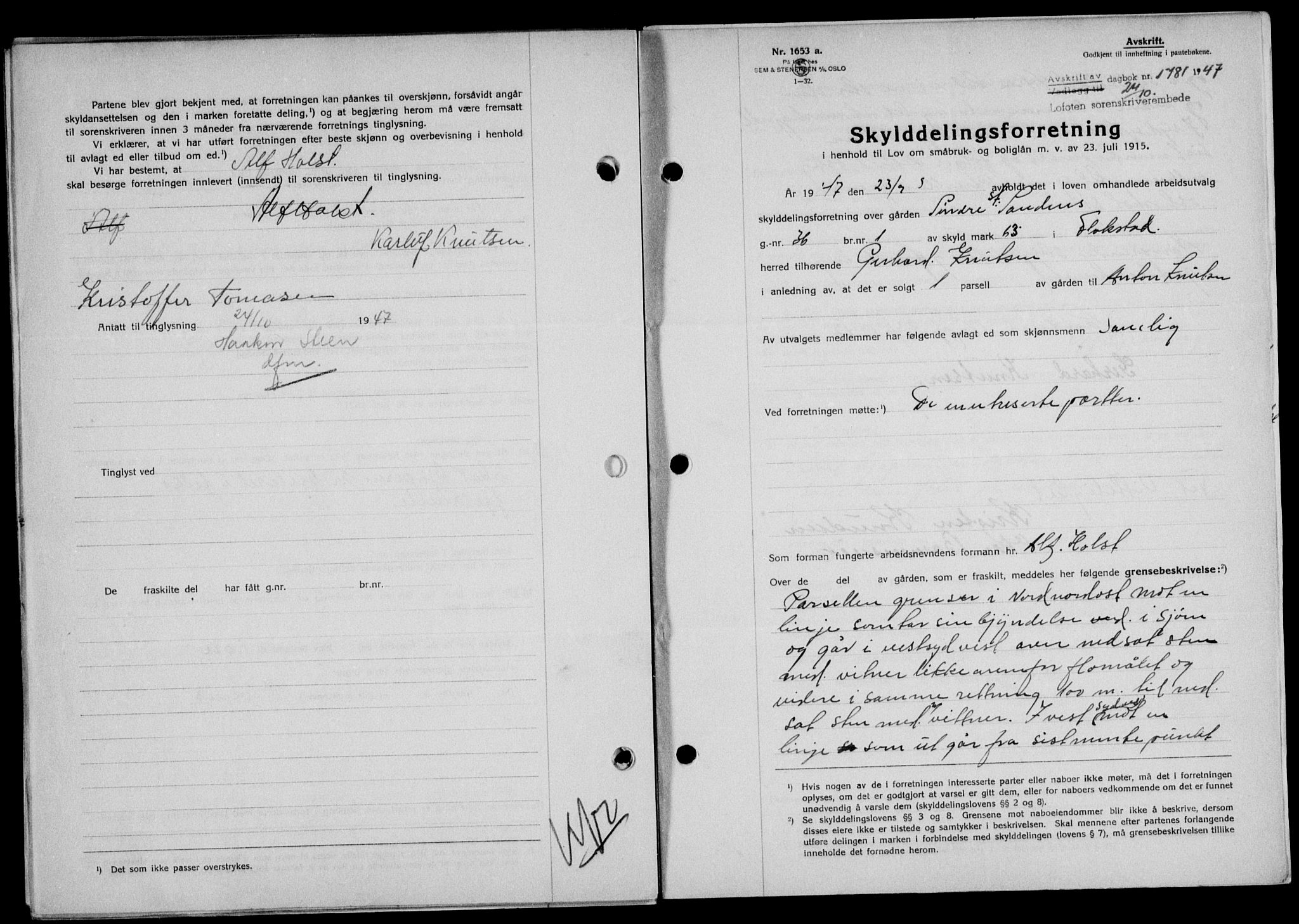 Lofoten sorenskriveri, SAT/A-0017/1/2/2C/L0017a: Mortgage book no. 17a, 1947-1948, Diary no: : 1781/1947