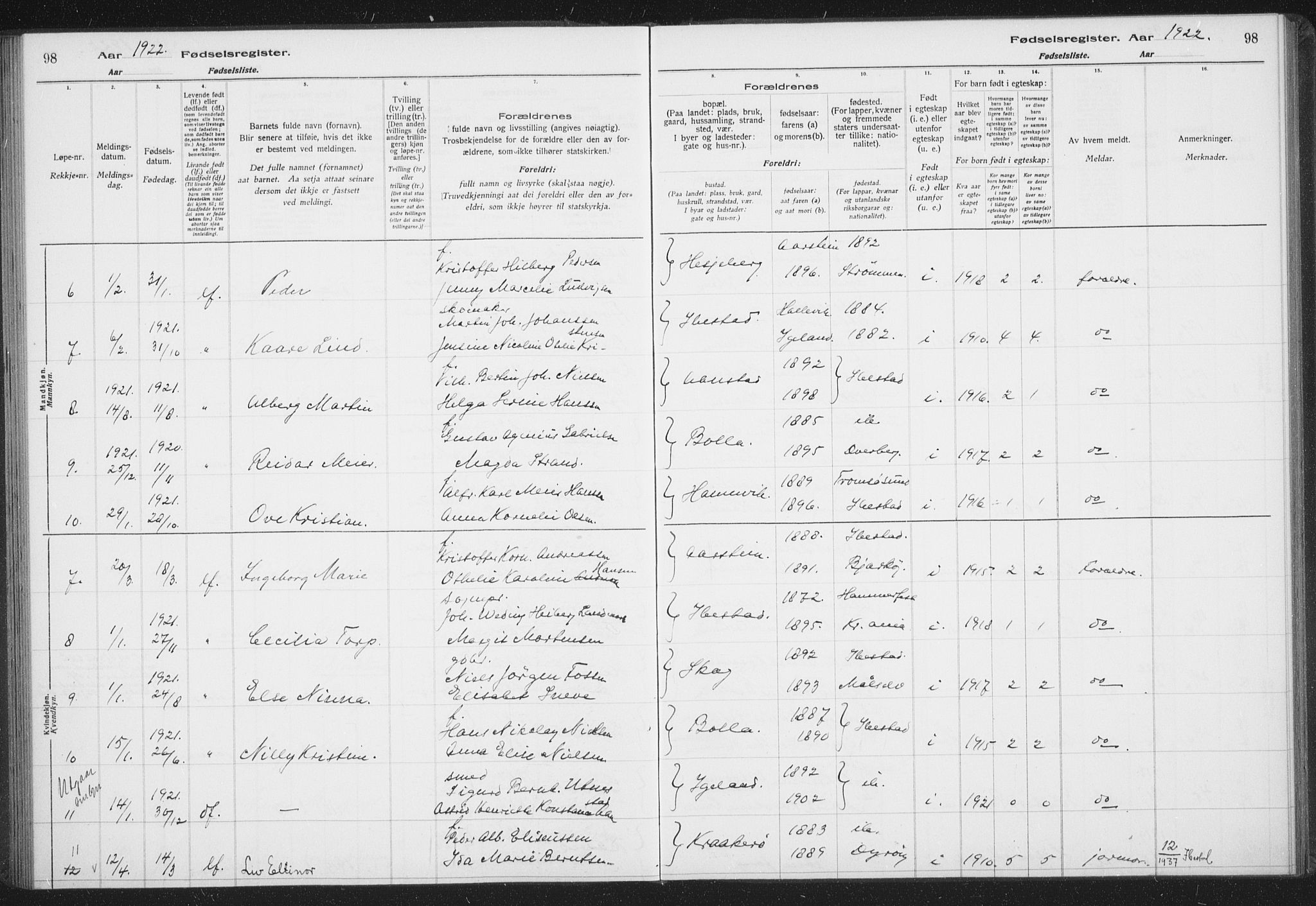 Ibestad sokneprestembete, SATØ/S-0077/I/Ic/L0061: Birth register no. 61, 1917-1929, p. 98