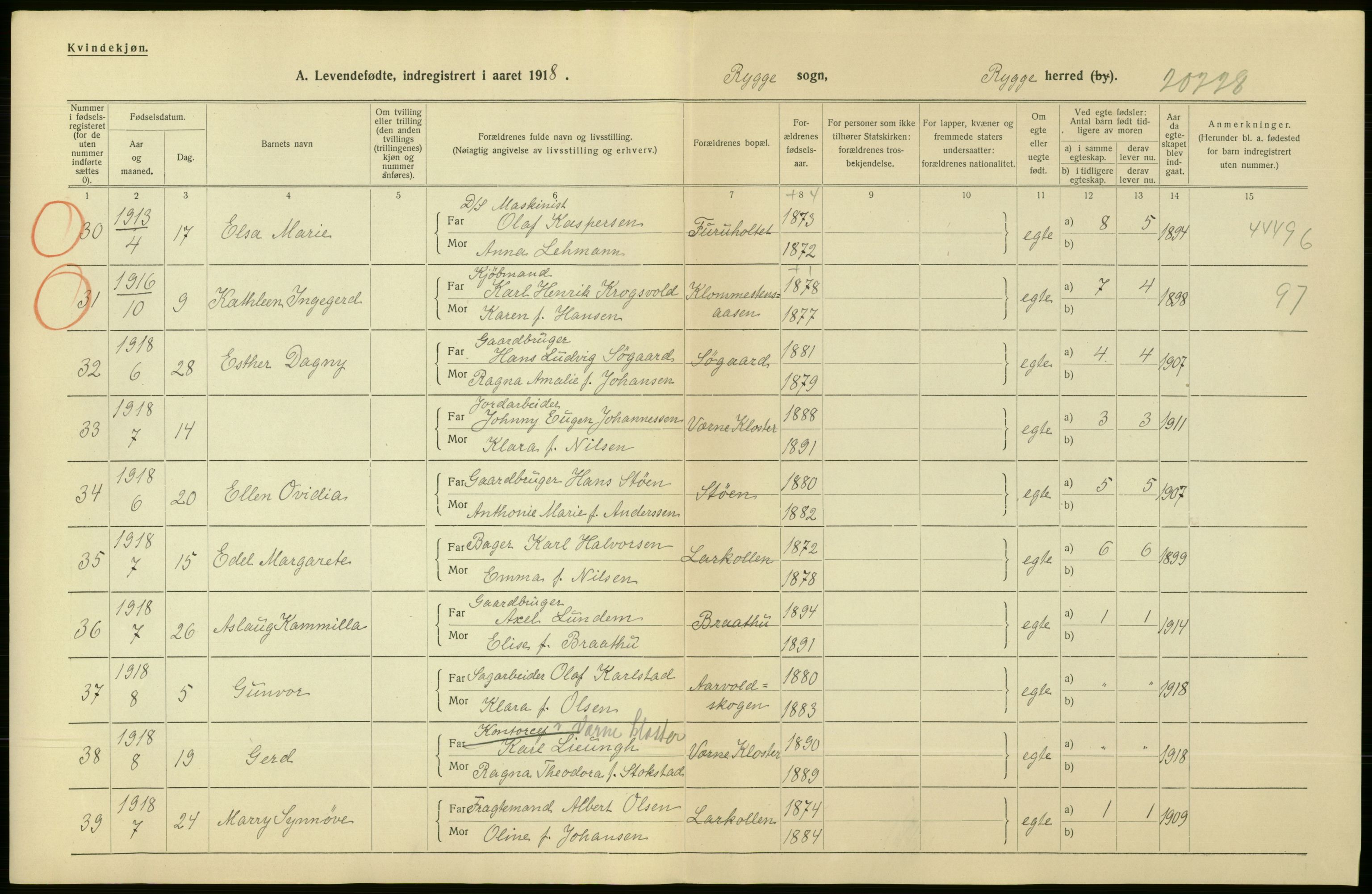 Statistisk sentralbyrå, Sosiodemografiske emner, Befolkning, RA/S-2228/D/Df/Dfb/Dfbh/L0001: Østfold fylke: Levendefødte menn og kvinner. Bygder., 1918, p. 474