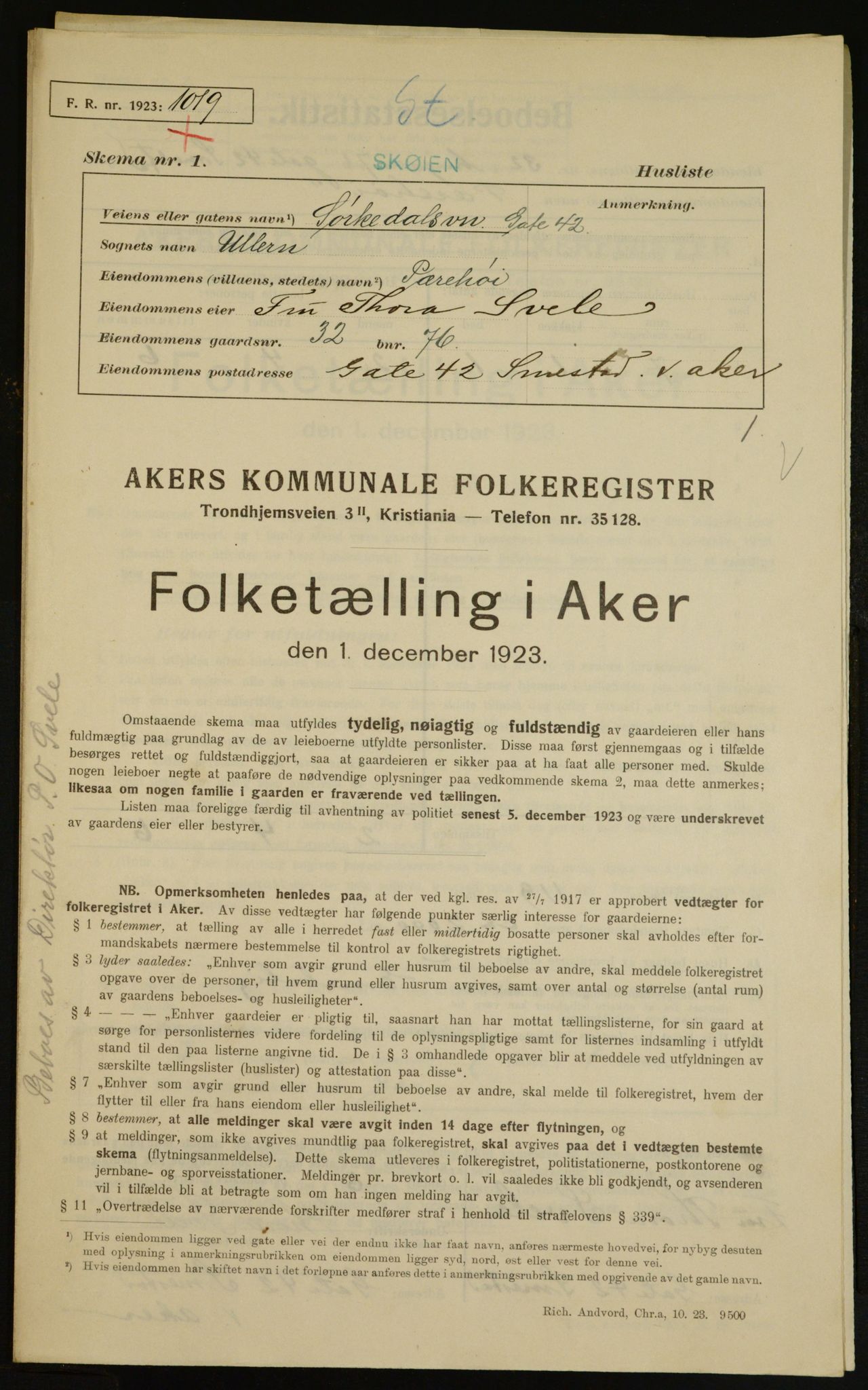 , Municipal Census 1923 for Aker, 1923, p. 6215