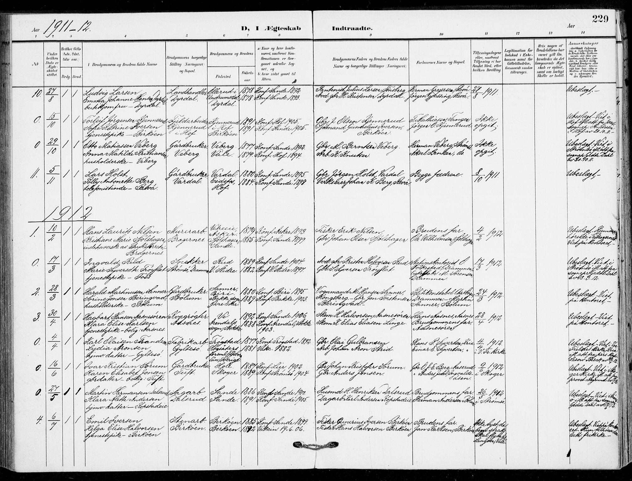 Sande Kirkebøker, SAKO/A-53/F/Fa/L0008: Parish register (official) no. 8, 1904-1921, p. 229
