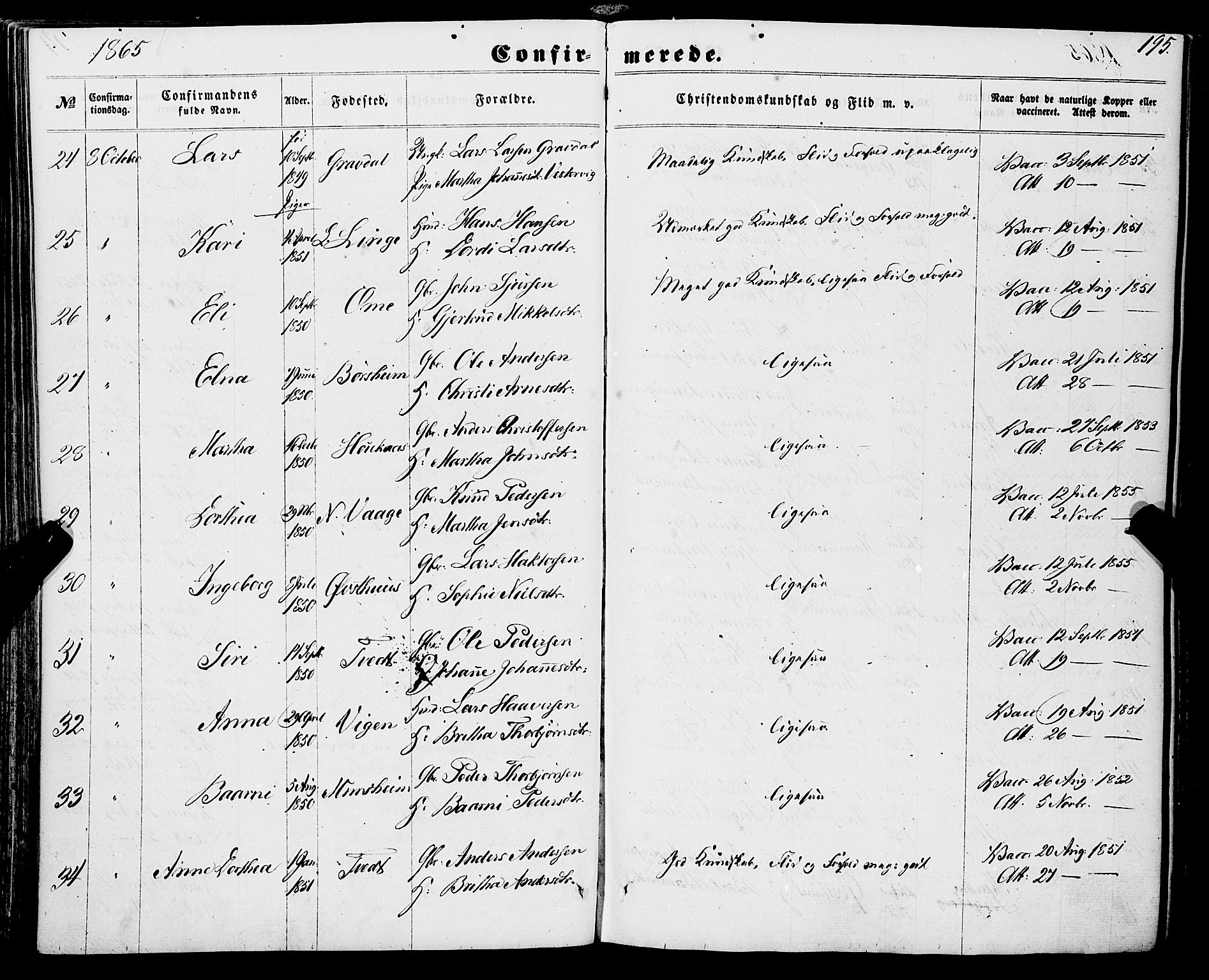 Strandebarm sokneprestembete, AV/SAB-A-78401/H/Haa: Parish register (official) no. A 8, 1858-1872, p. 195