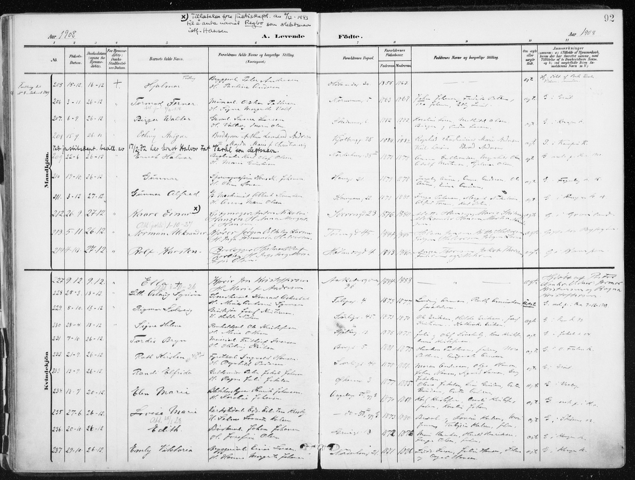 Kampen prestekontor Kirkebøker, AV/SAO-A-10853/F/Fa/L0010: Parish register (official) no. I 10, 1905-1917, p. 92