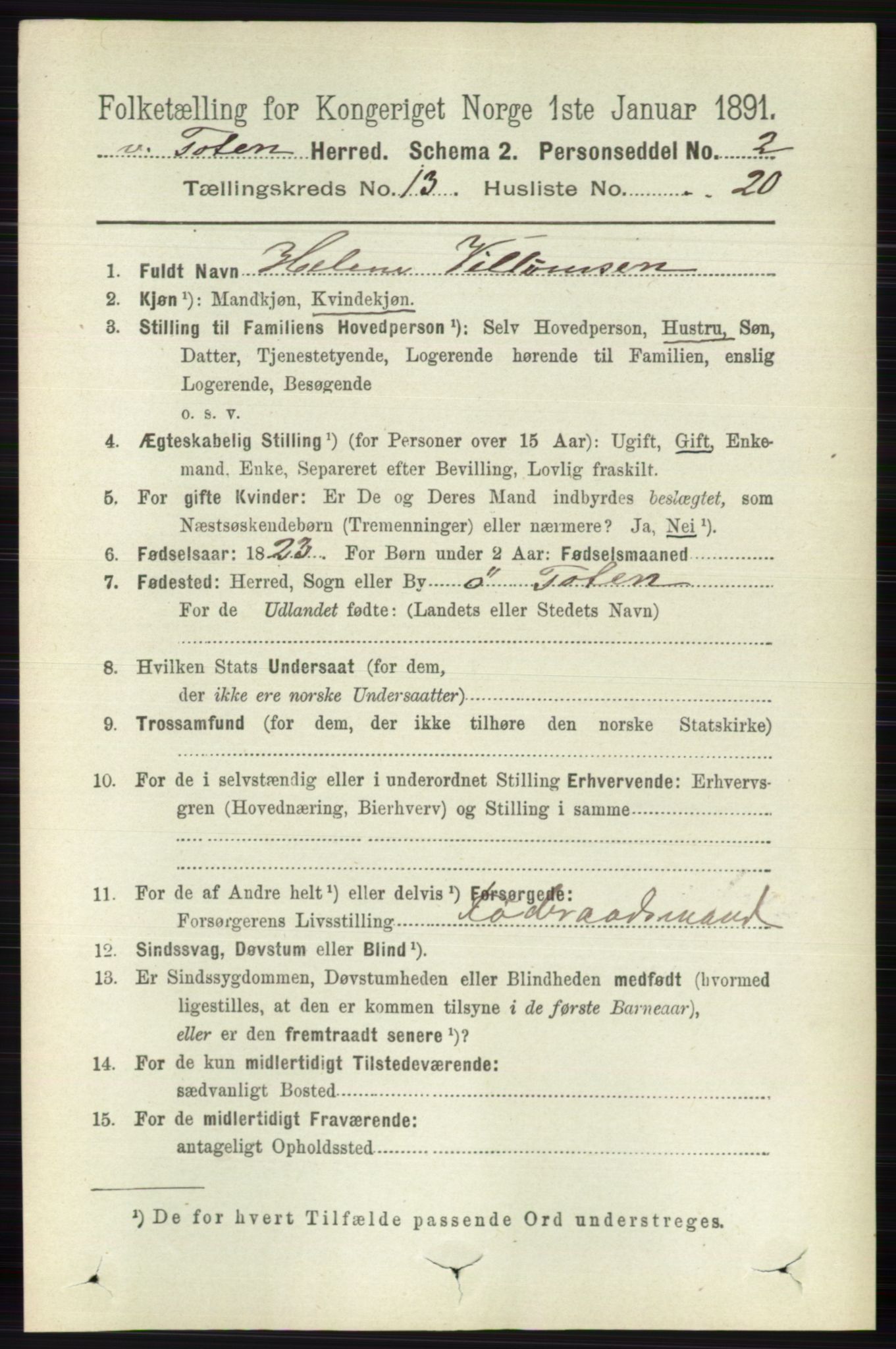 RA, 1891 census for 0529 Vestre Toten, 1891, p. 7909