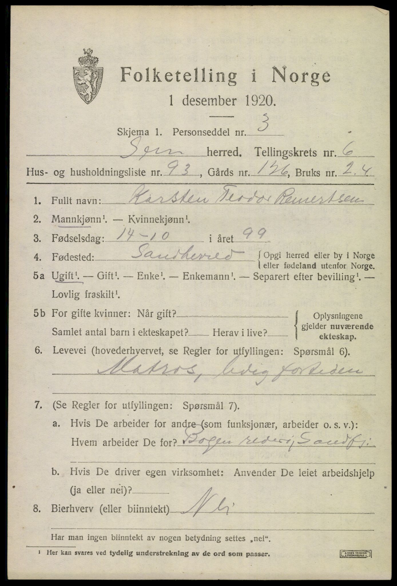 SAKO, 1920 census for Sem, 1920, p. 10319