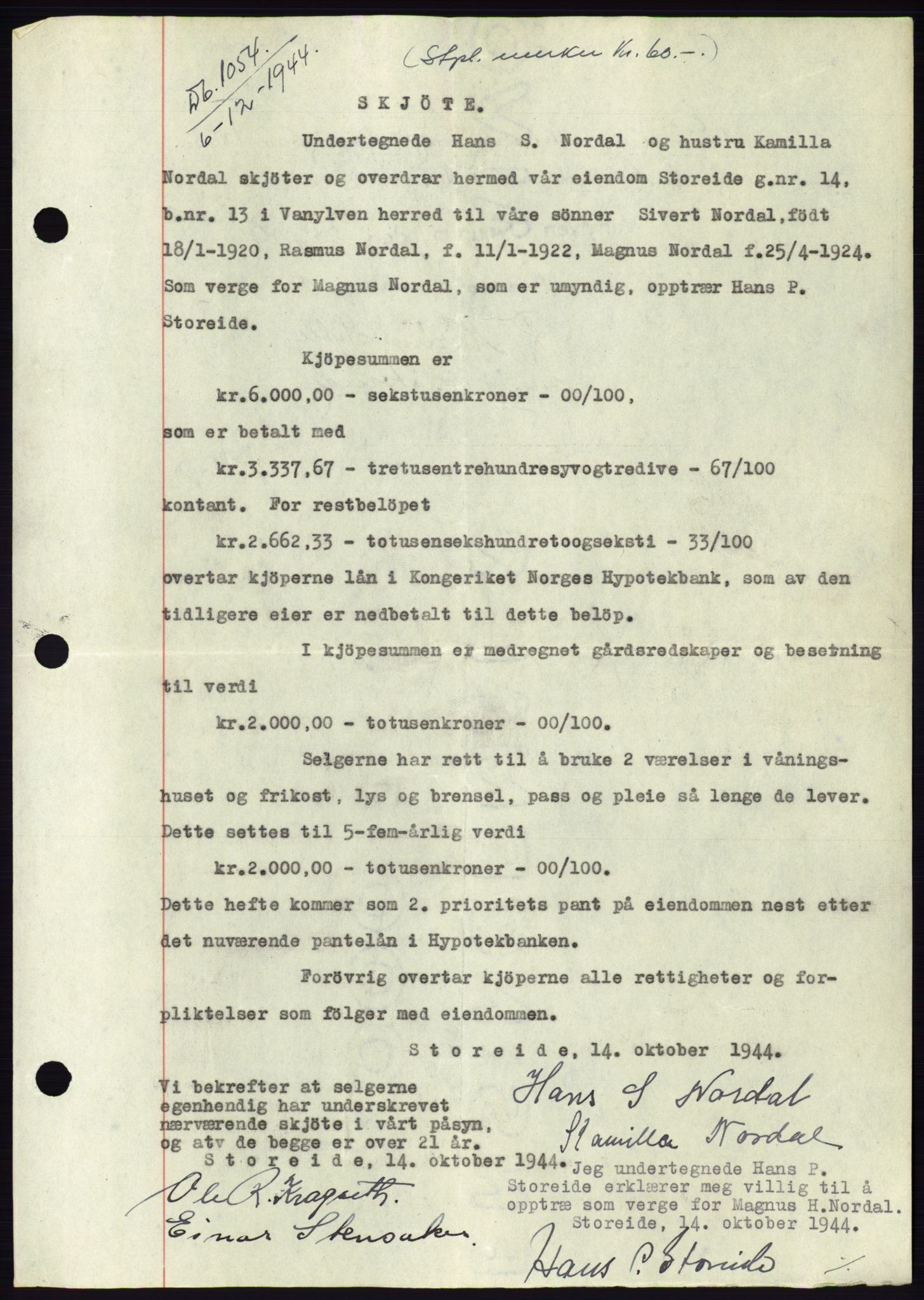 Søre Sunnmøre sorenskriveri, AV/SAT-A-4122/1/2/2C/L0076: Mortgage book no. 2A, 1943-1944, Diary no: : 1054/1944