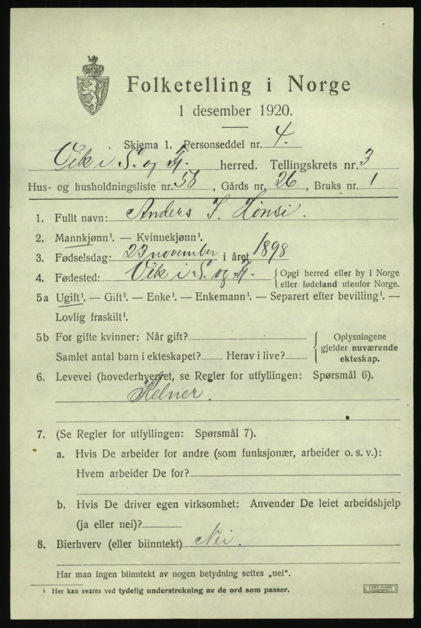 SAB, 1920 census for Vik, 1920, p. 3199