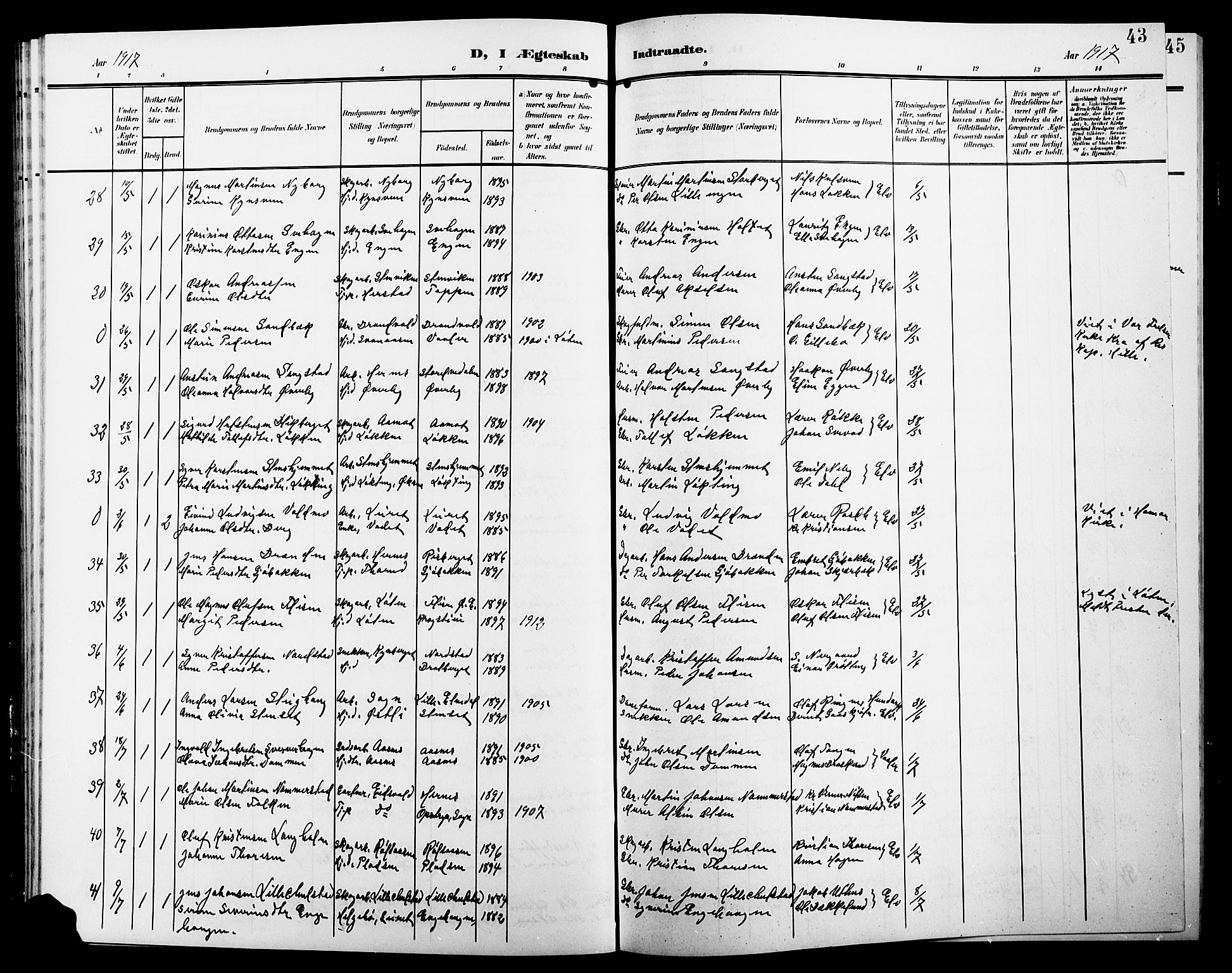 Elverum prestekontor, AV/SAH-PREST-044/H/Ha/Hab/L0009: Parish register (copy) no. 9, 1908-1921, p. 43