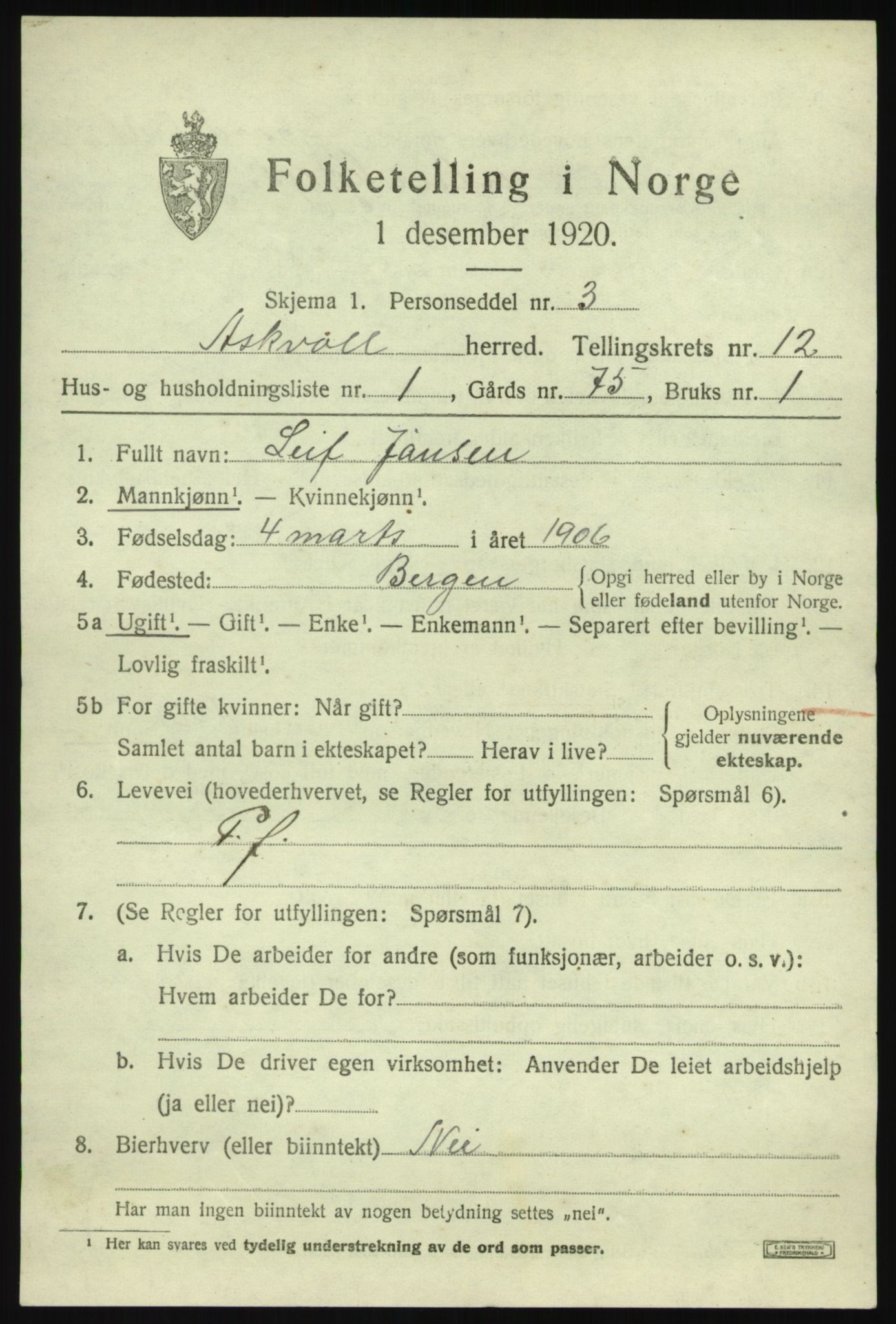 SAB, 1920 census for Askvoll, 1920, p. 4666