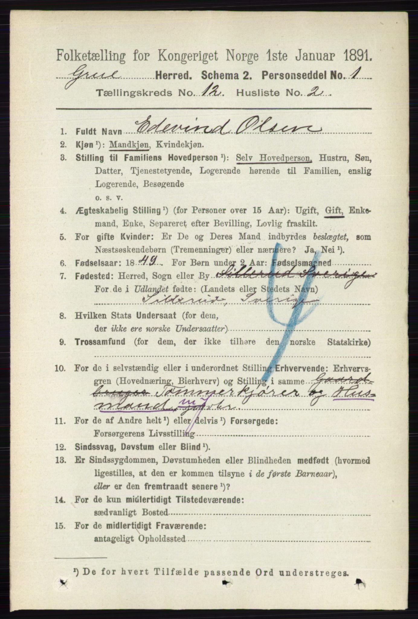 RA, 1891 census for 0423 Grue, 1891, p. 6123