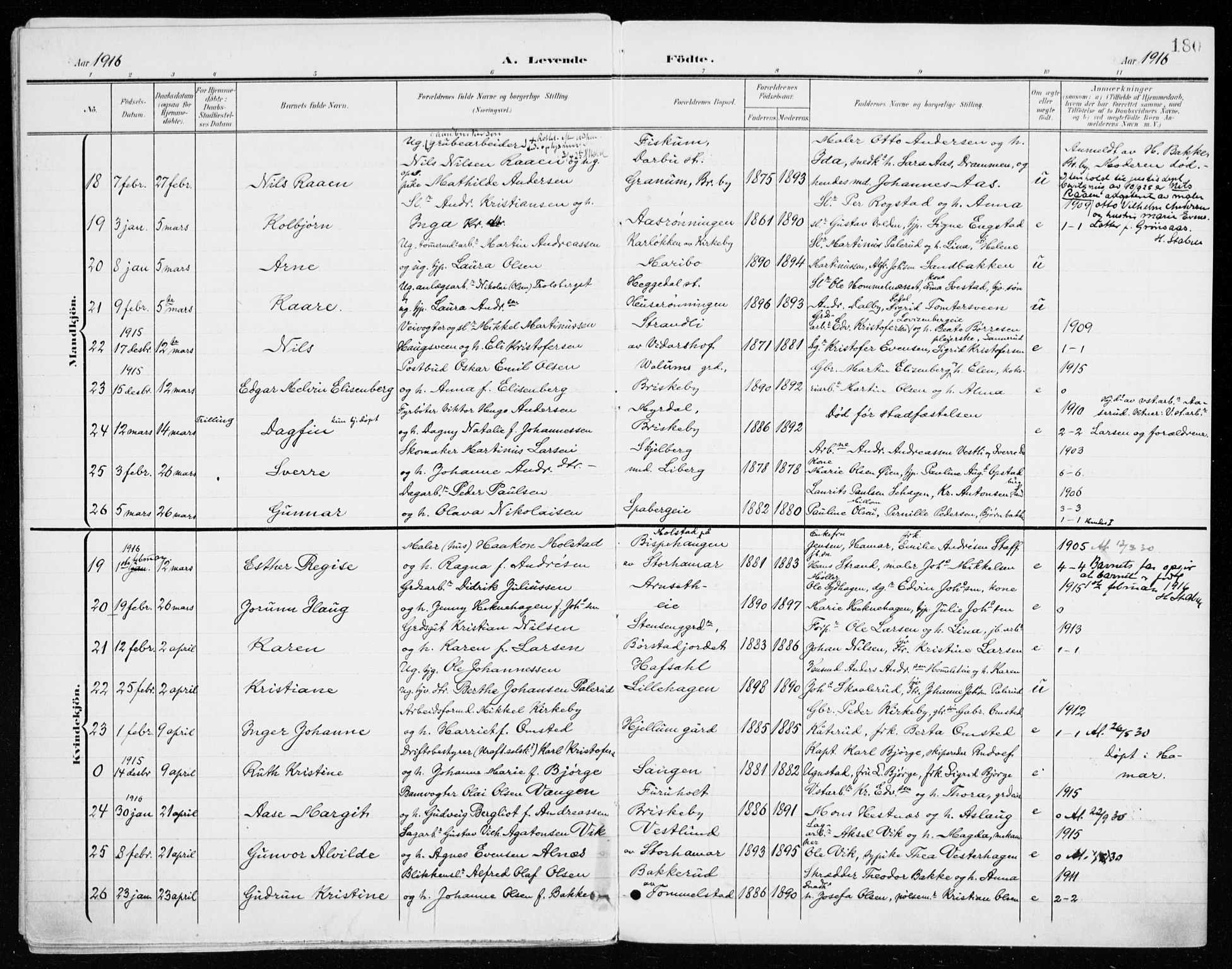 Vang prestekontor, Hedmark, AV/SAH-PREST-008/H/Ha/Haa/L0021: Parish register (official) no. 21, 1902-1917, p. 180