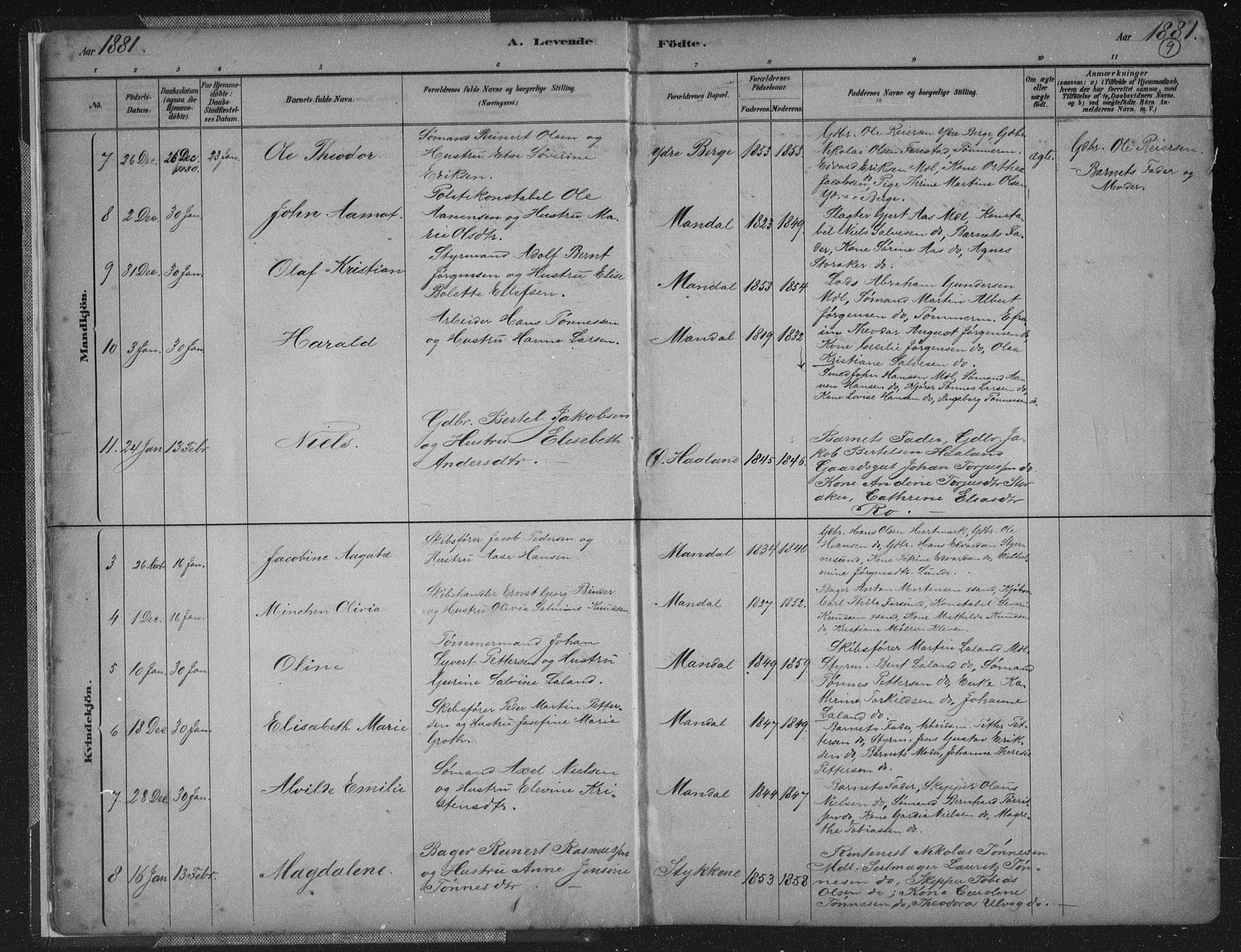 Mandal sokneprestkontor, AV/SAK-1111-0030/F/Fb/Fba/L0011: Parish register (copy) no. B 5, 1880-1898, p. 9