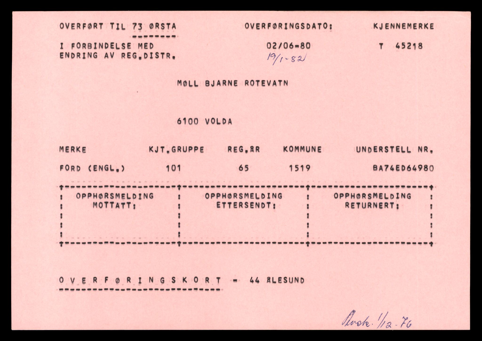 Møre og Romsdal vegkontor - Ålesund trafikkstasjon, AV/SAT-A-4099/F/Ff/L0009: Overførings-/henvisningskort T 45211 - T 47599, 1927-1998, p. 6