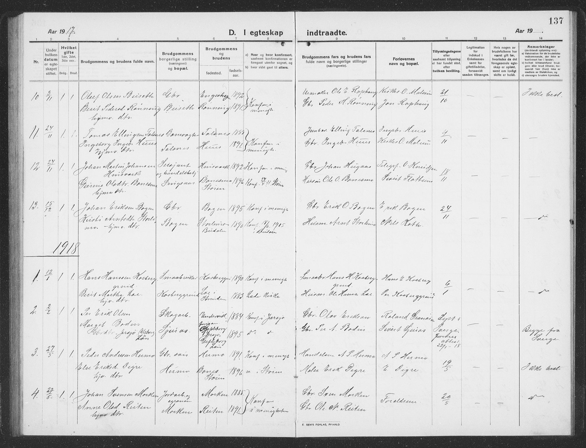 Ministerialprotokoller, klokkerbøker og fødselsregistre - Sør-Trøndelag, SAT/A-1456/688/L1030: Parish register (copy) no. 688C05, 1916-1939, p. 137