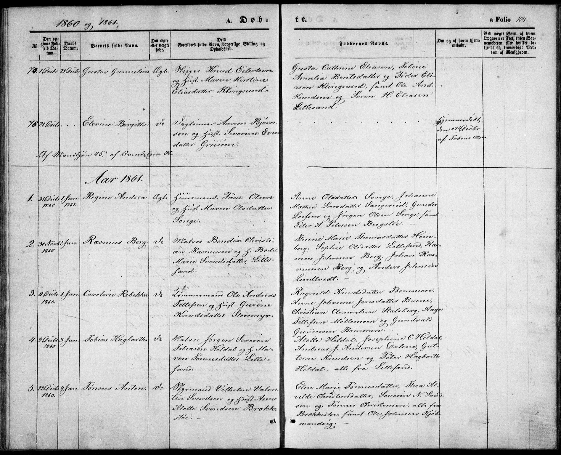 Vestre Moland sokneprestkontor, SAK/1111-0046/F/Fb/Fbb/L0003: Parish register (copy) no. B 3, 1851-1861, p. 104