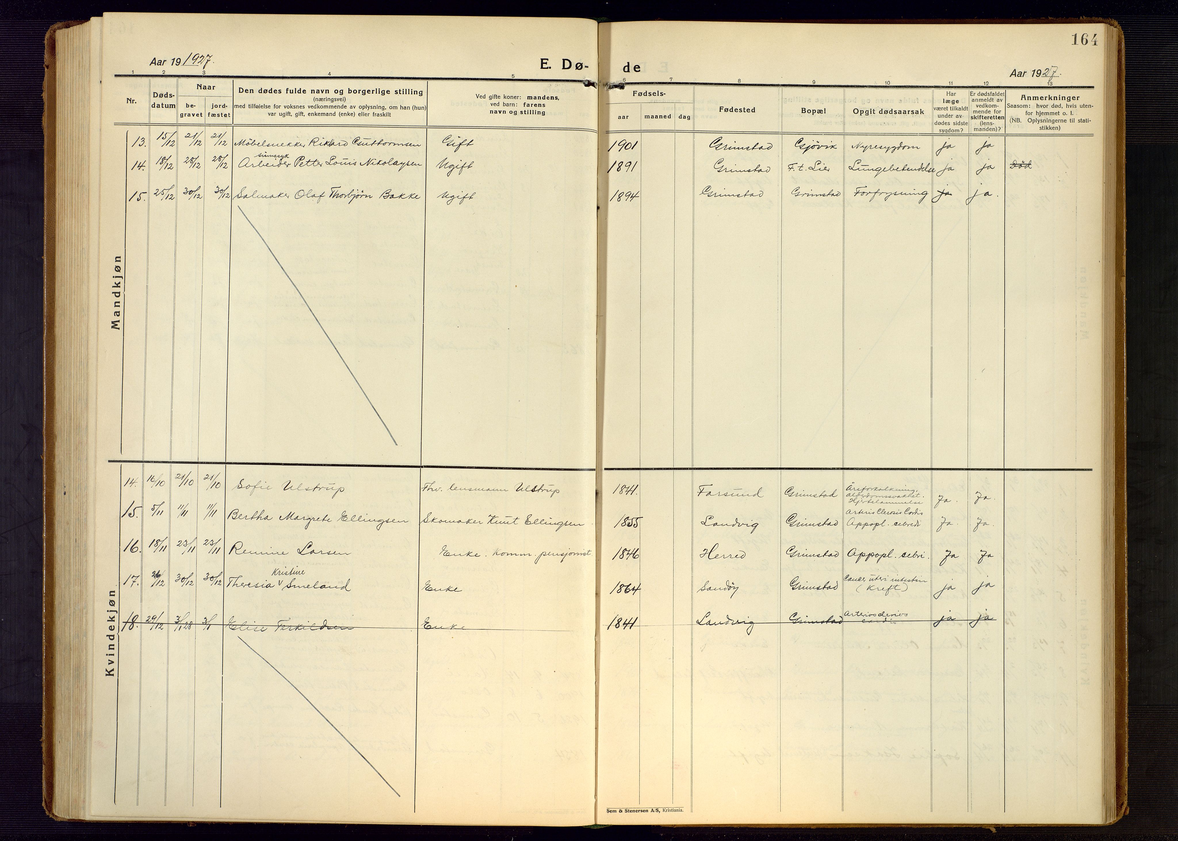 Grimstad sokneprestkontor, AV/SAK-1111-0017/F/Fb/L0002: Parish register (copy) no. B 2, 1923-1949, p. 164