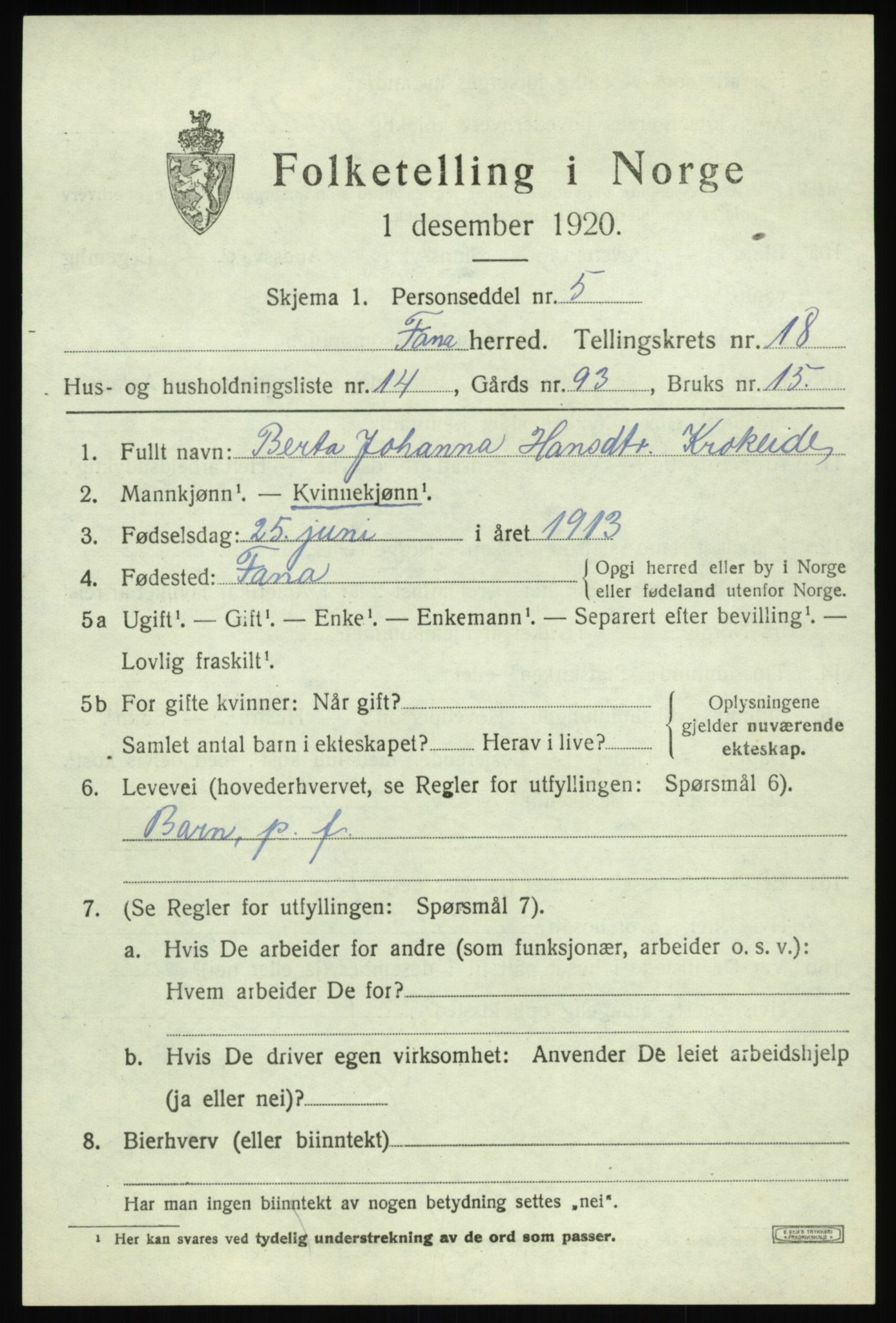 SAB, 1920 census for Fana, 1920, p. 22627