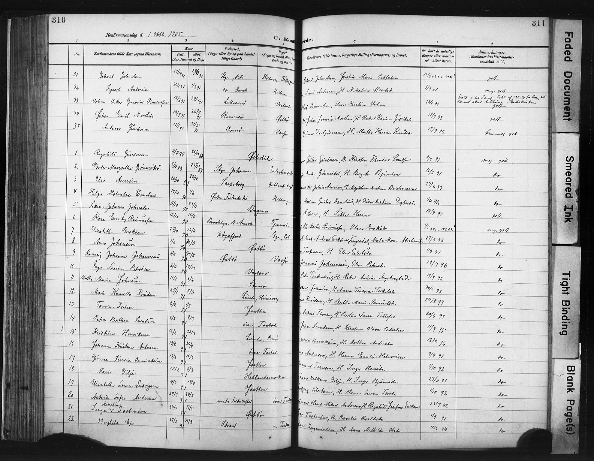 Hetland sokneprestkontor, SAST/A-101826/30/30BA/L0013: Parish register (official) no. A 13, 1904-1918, p. 310-311