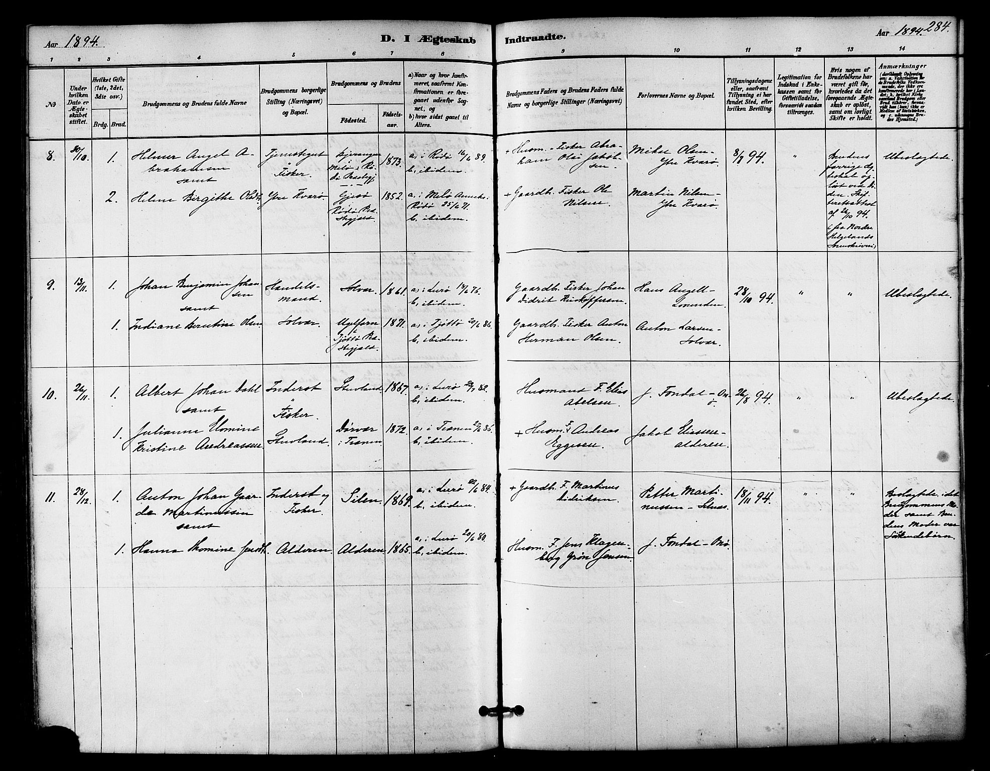 Ministerialprotokoller, klokkerbøker og fødselsregistre - Nordland, AV/SAT-A-1459/839/L0568: Parish register (official) no. 839A05, 1880-1902, p. 284