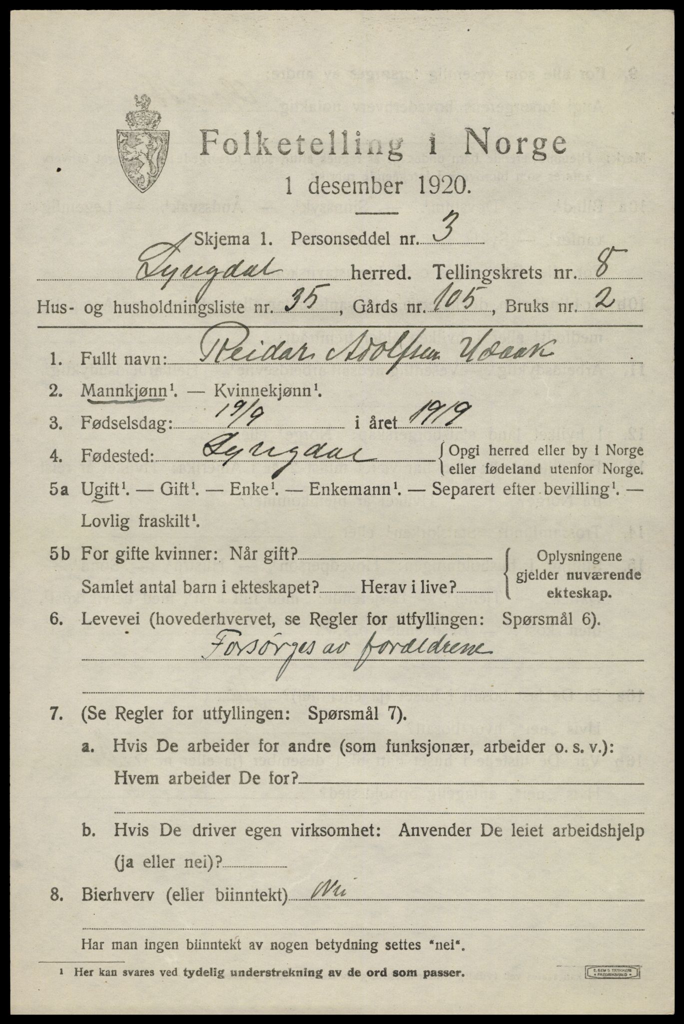 SAK, 1920 census for Lyngdal, 1920, p. 4401