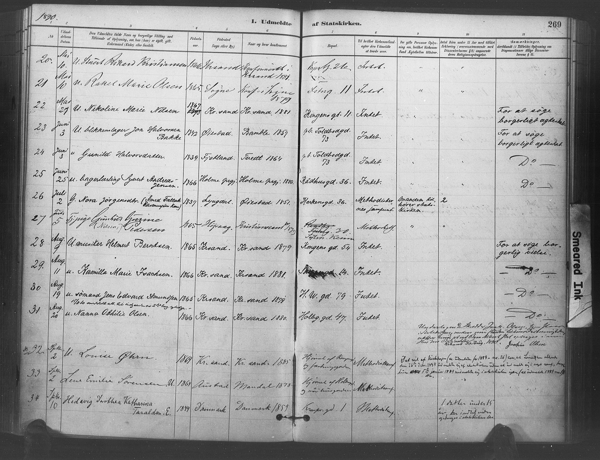 Kristiansand domprosti, SAK/1112-0006/F/Fa/L0018: Parish register (official) no. A 17, 1880-1892, p. 269