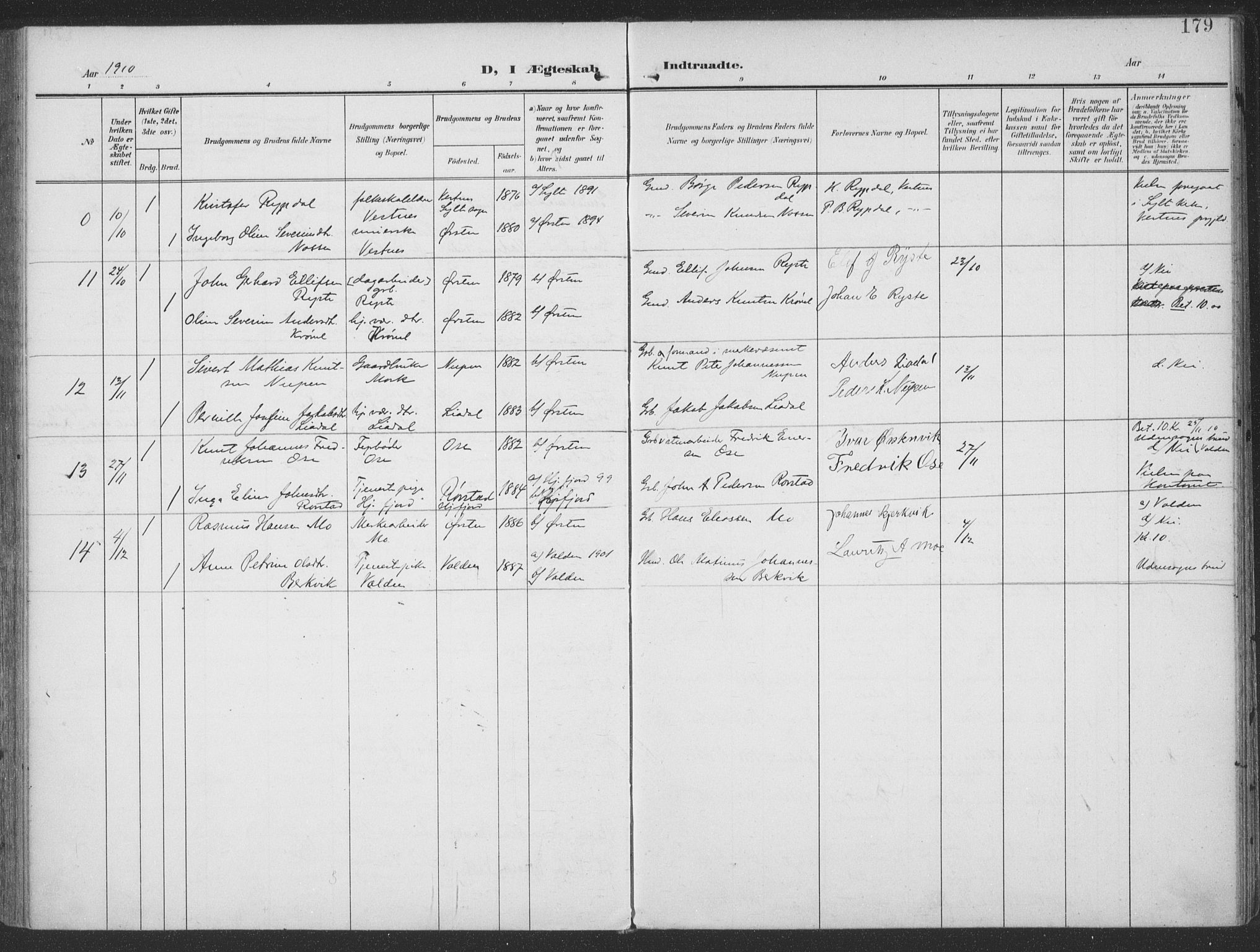 Ministerialprotokoller, klokkerbøker og fødselsregistre - Møre og Romsdal, SAT/A-1454/513/L0178: Parish register (official) no. 513A05, 1906-1919, p. 179