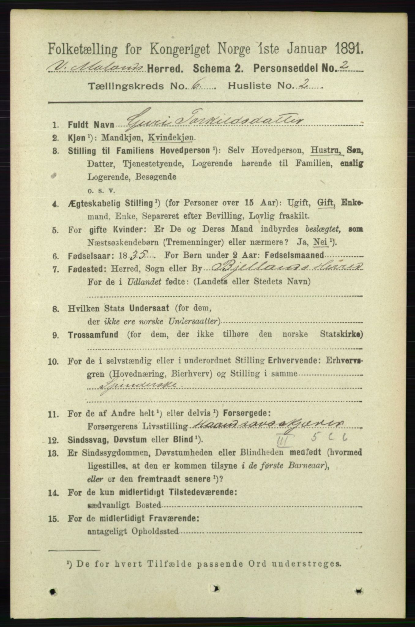 RA, 1891 census for 0926 Vestre Moland, 1891, p. 2354