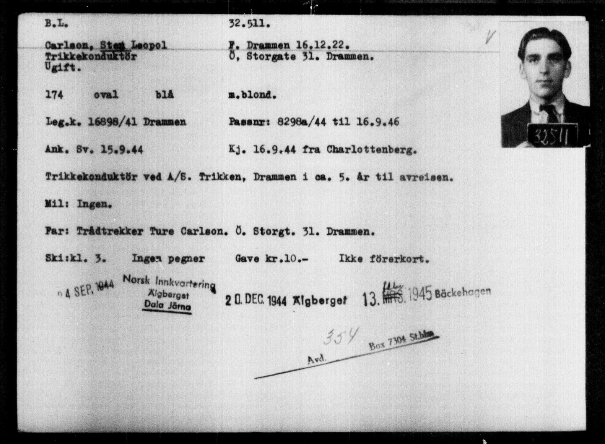 Utenriksstasjonene, Legasjonen i Stockholm, Flyktningkontoret, AV/RA-S-6753/V/Va/L0013: Kjesäterkartoteket, flyktninger med registreringsnr. 31500-34731, 1940-1945, p. 1067