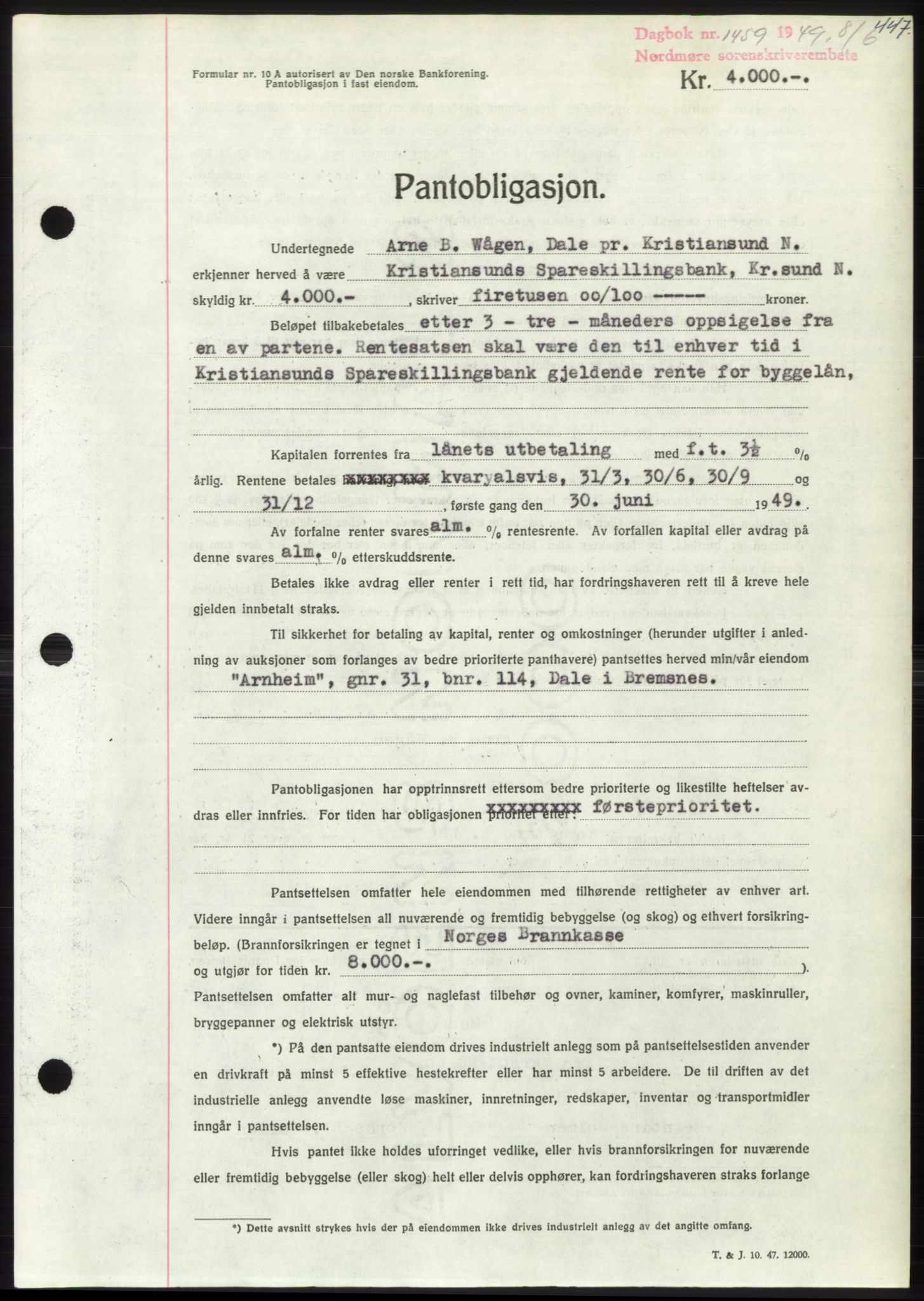 Nordmøre sorenskriveri, SAT/A-4132/1/2/2Ca: Mortgage book no. B101, 1949-1949, Diary no: : 1459/1949