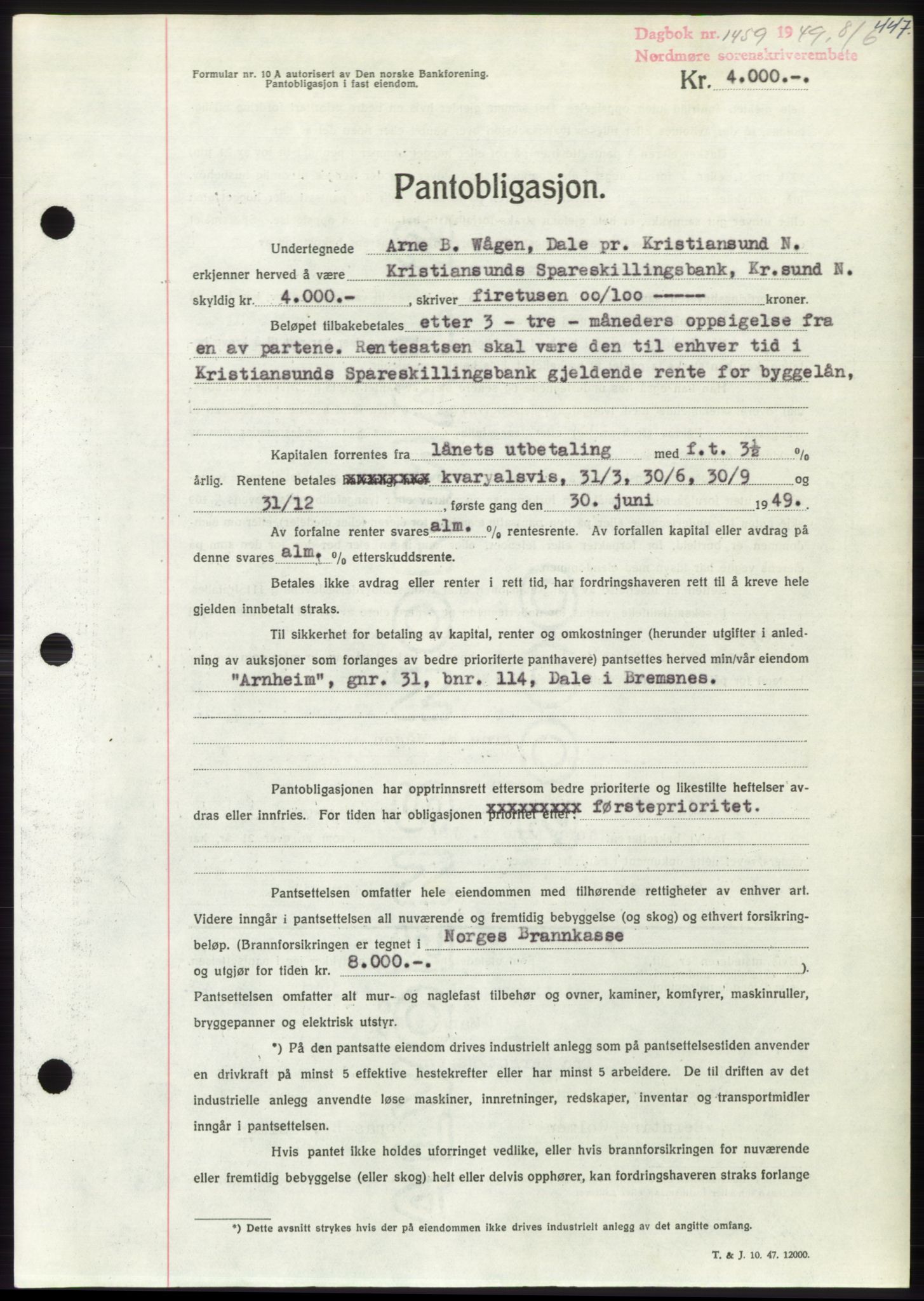 Nordmøre sorenskriveri, AV/SAT-A-4132/1/2/2Ca: Mortgage book no. B101, 1949-1949, Diary no: : 1459/1949