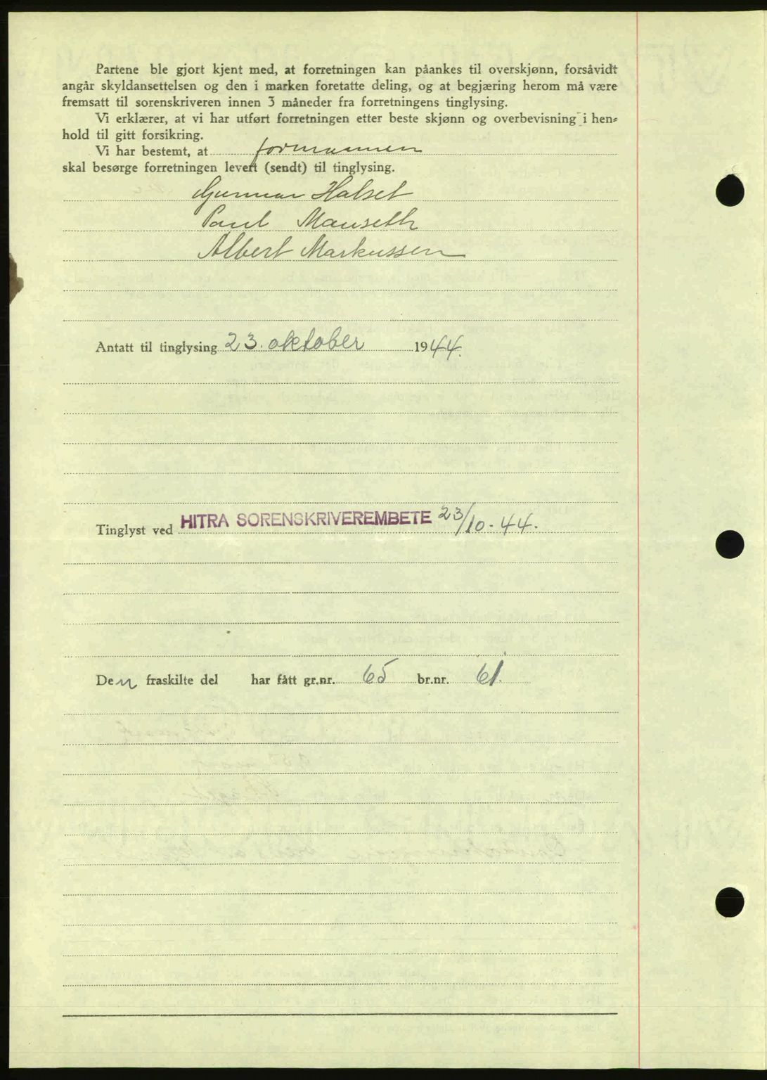 Hitra sorenskriveri, AV/SAT-A-0018/2/2C/2Ca: Mortgage book no. A2, 1943-1945, Diary no: : 698/1944
