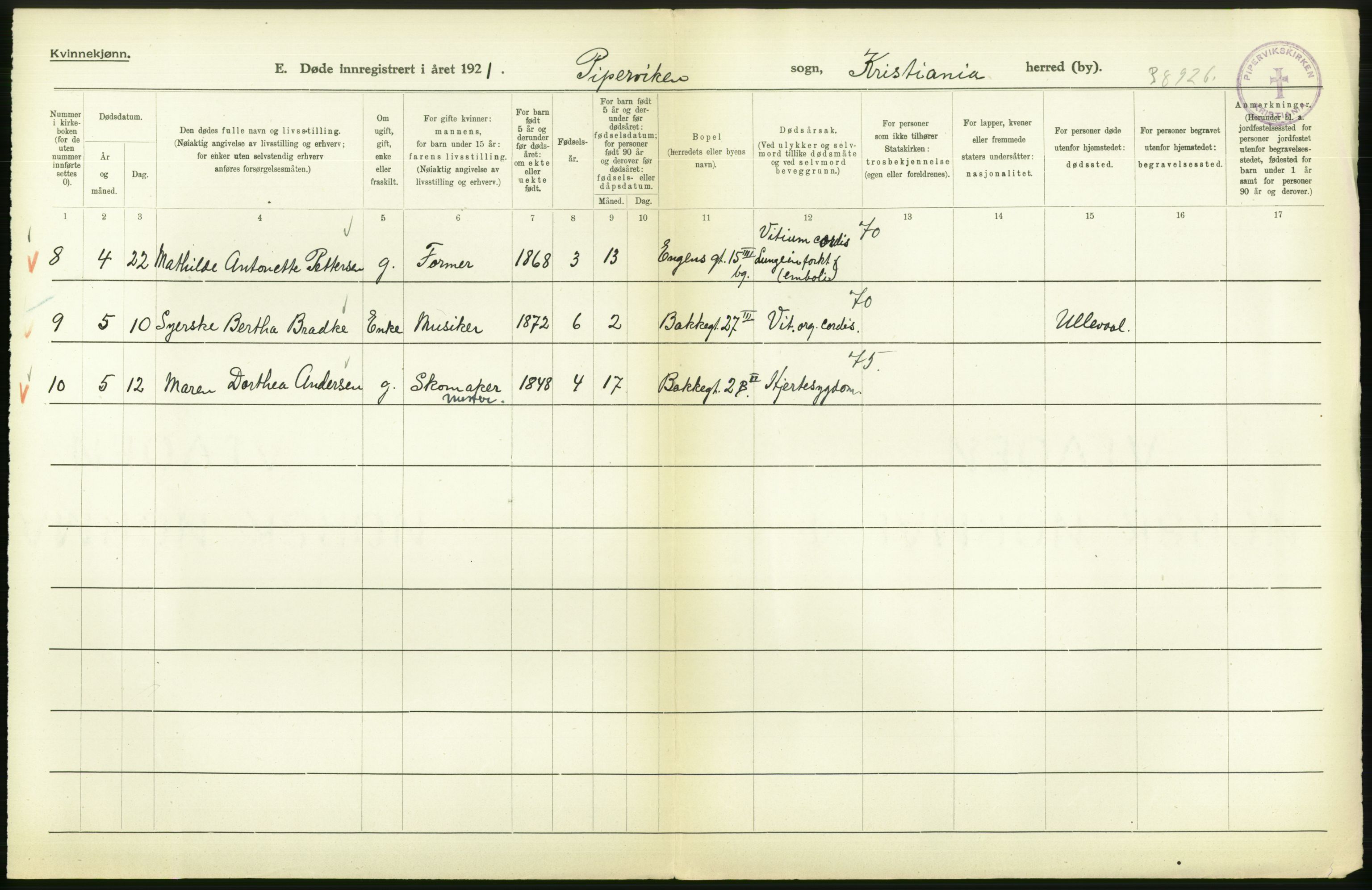 Statistisk sentralbyrå, Sosiodemografiske emner, Befolkning, AV/RA-S-2228/D/Df/Dfc/Dfca/L0013: Kristiania: Døde, dødfødte, 1921, p. 158