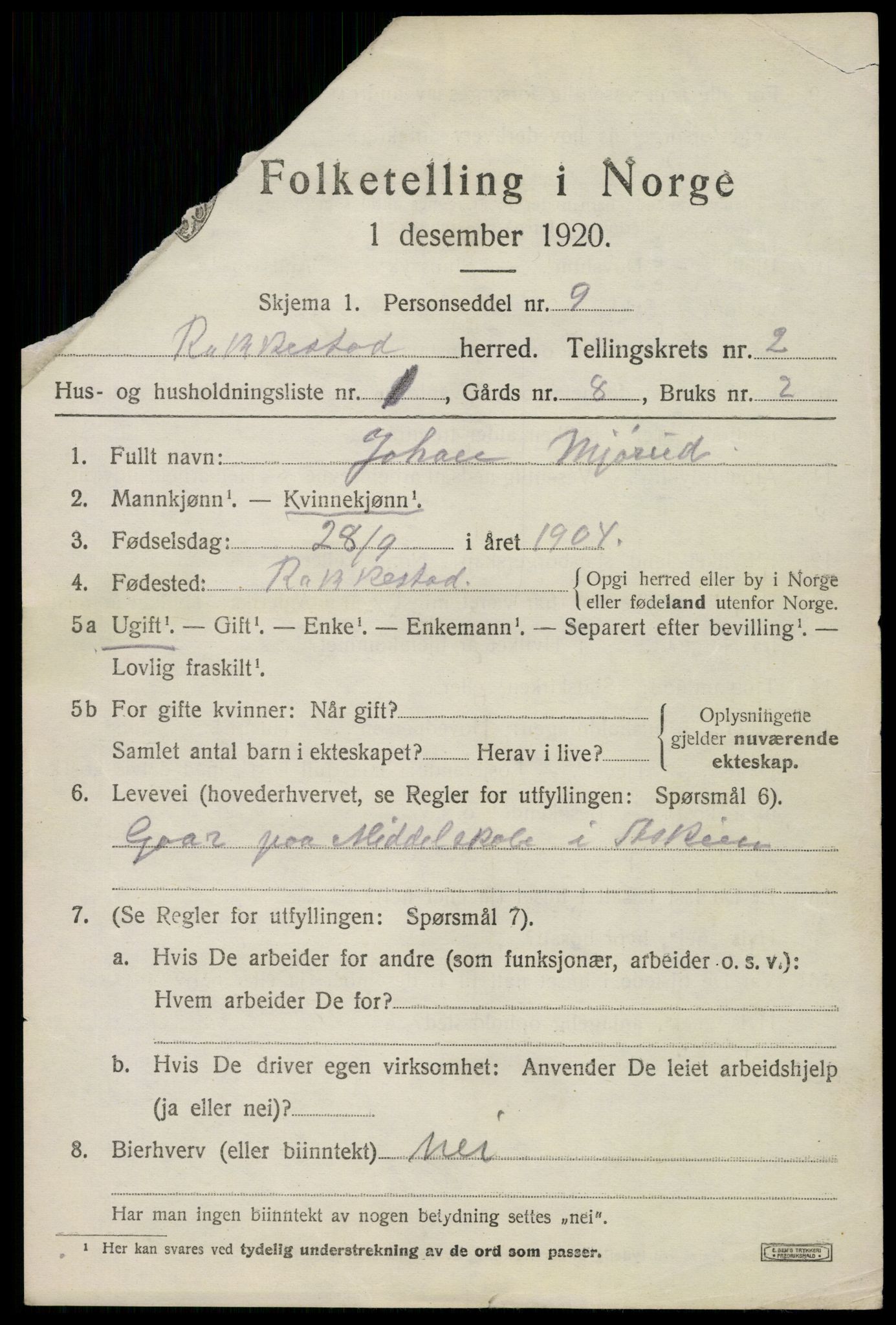 SAO, 1920 census for Rakkestad, 1920, p. 3391