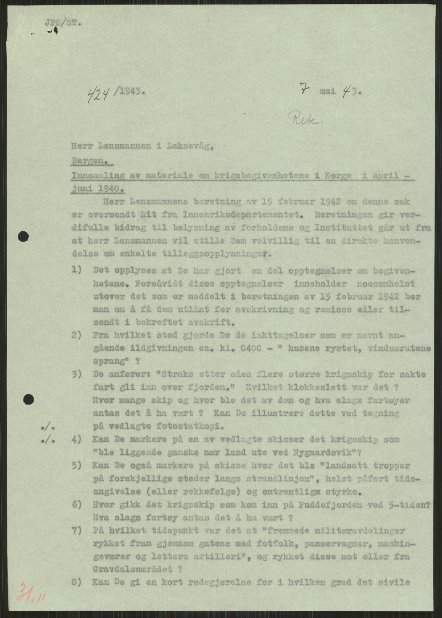 Forsvaret, Forsvarets krigshistoriske avdeling, AV/RA-RAFA-2017/Y/Ya/L0015: II-C-11-31 - Fylkesmenn.  Rapporter om krigsbegivenhetene 1940., 1940, p. 345