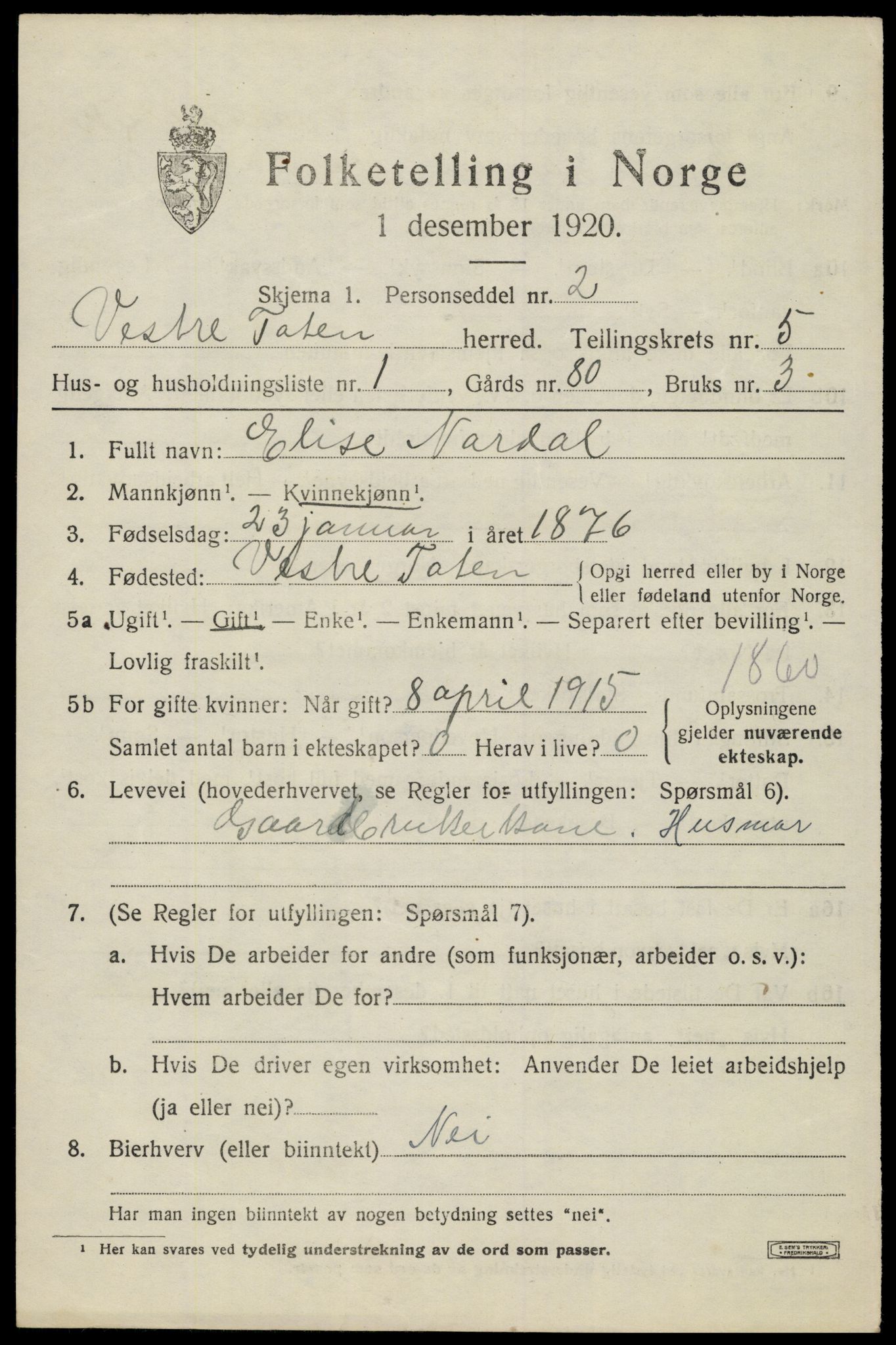 SAH, 1920 census for Vestre Toten, 1920, p. 7292