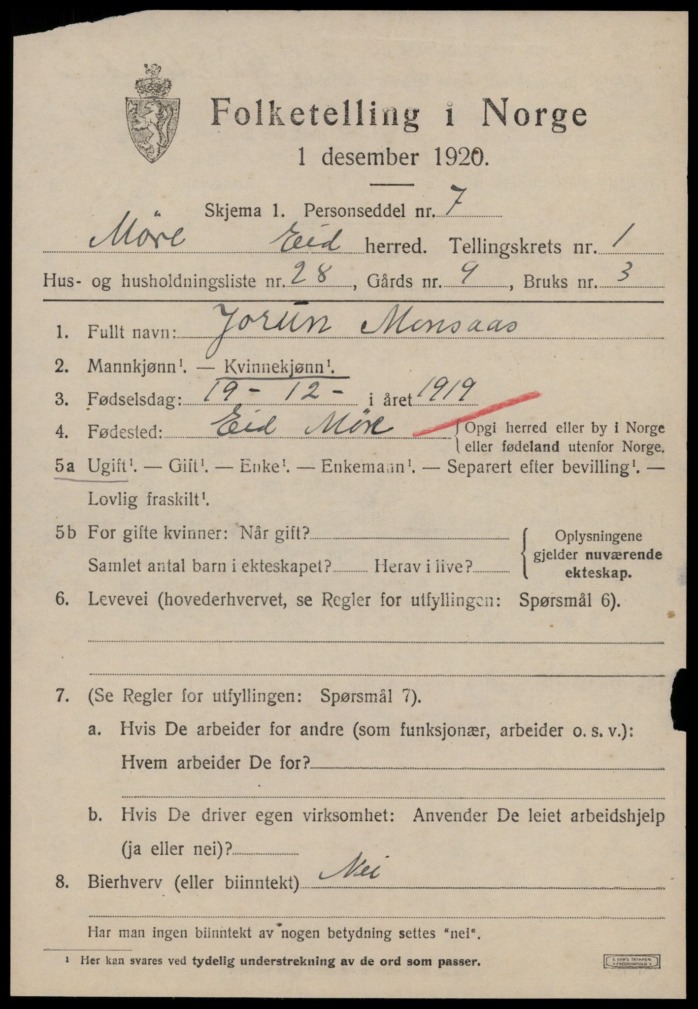 SAT, 1920 census for Eid, 1920, p. 545